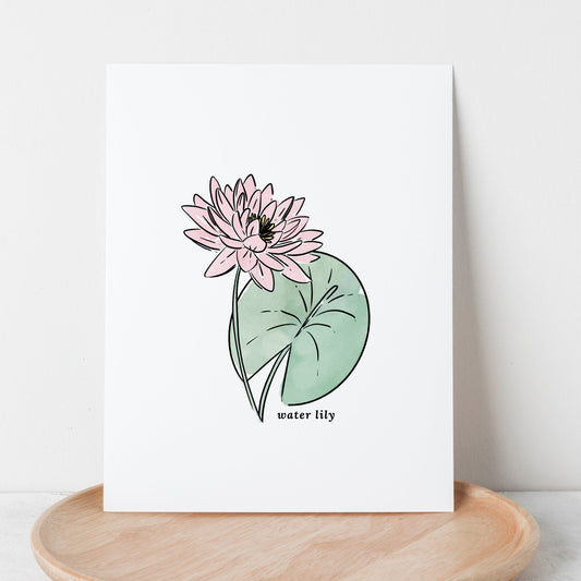 Water Lily Illustration | Unframed Art Print Watercolor Sketched Drawing Floral Accent Wall Decor