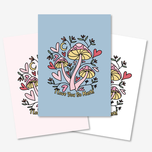 I Love You So Much | 3 Cute Mushroom & Hearts Valentines Day Wedding Anniversary Greeting Card Digital Printable
