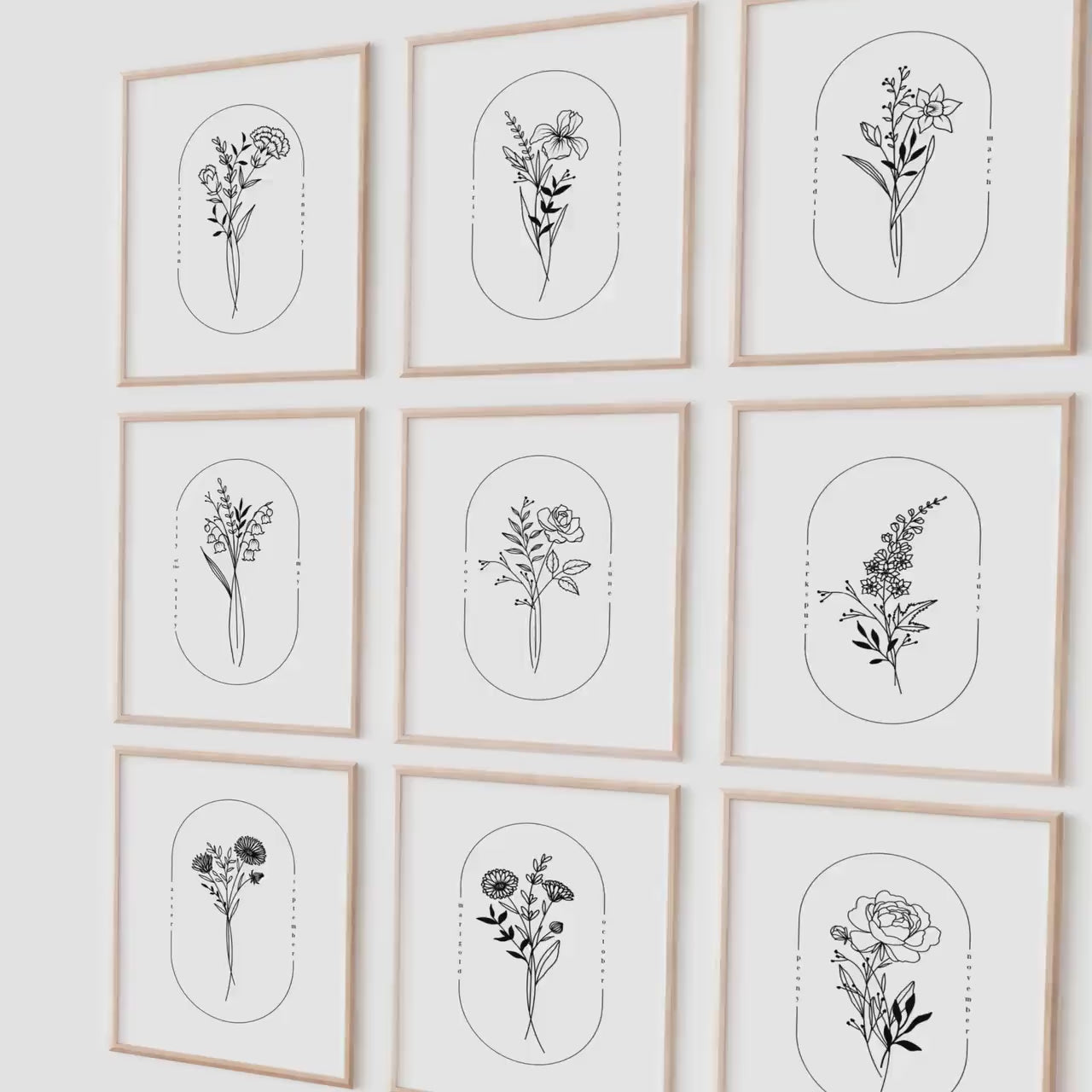 February & January Birth Flower Printable | Oval Frame Simple Line Art
