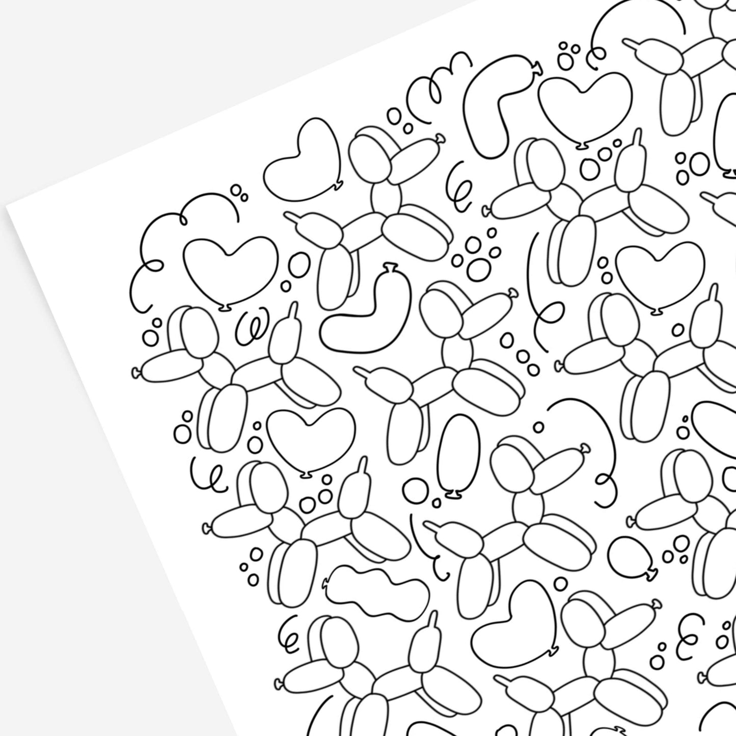 Balloon Doggy's & Hearts Digital Coloring Sheet | Hand-Drawn Coloring Page Printable