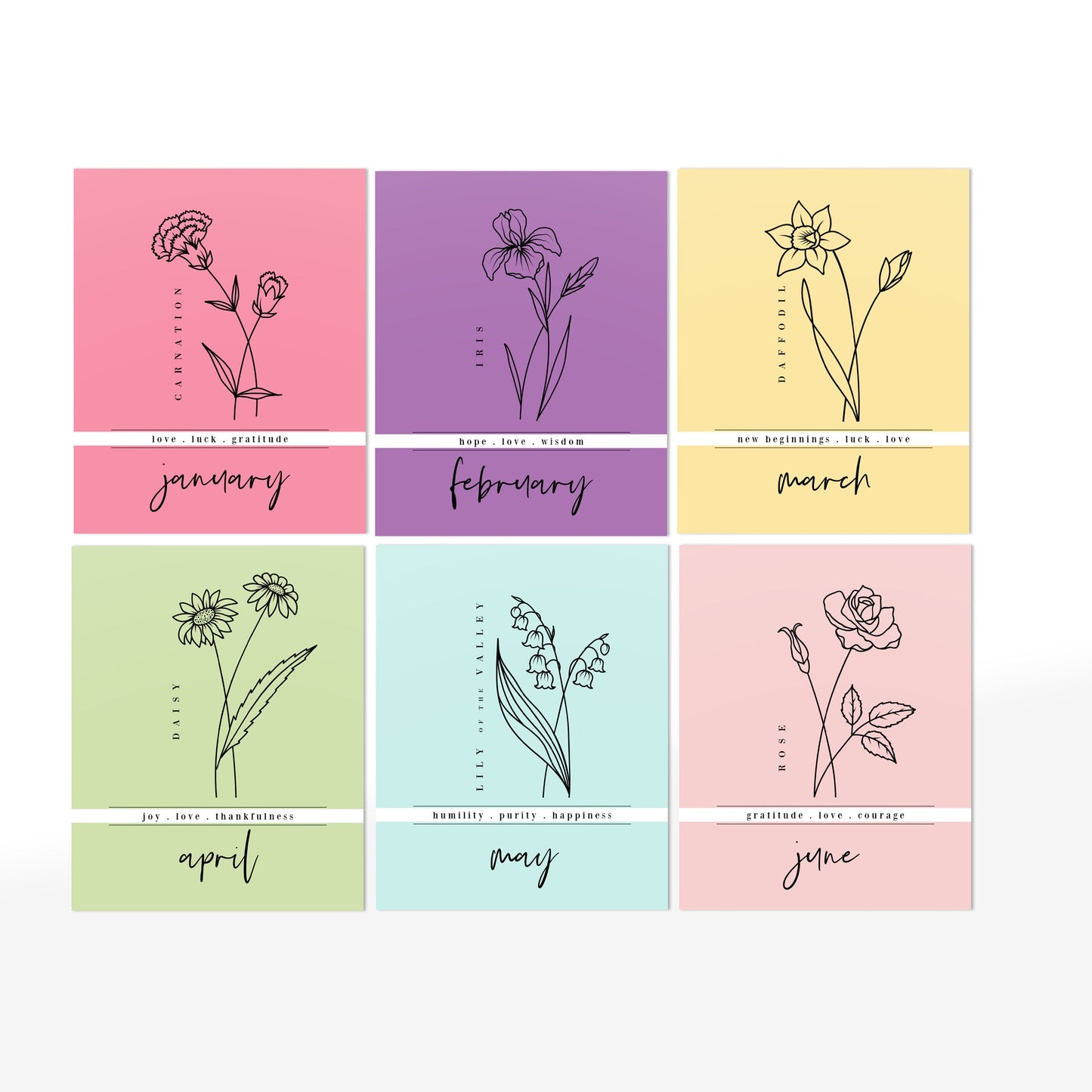 12 Month Birth Flower Notecards + Envelopes | Full Year Birthday Postcards | Gift Note Card Decor Mini Prints