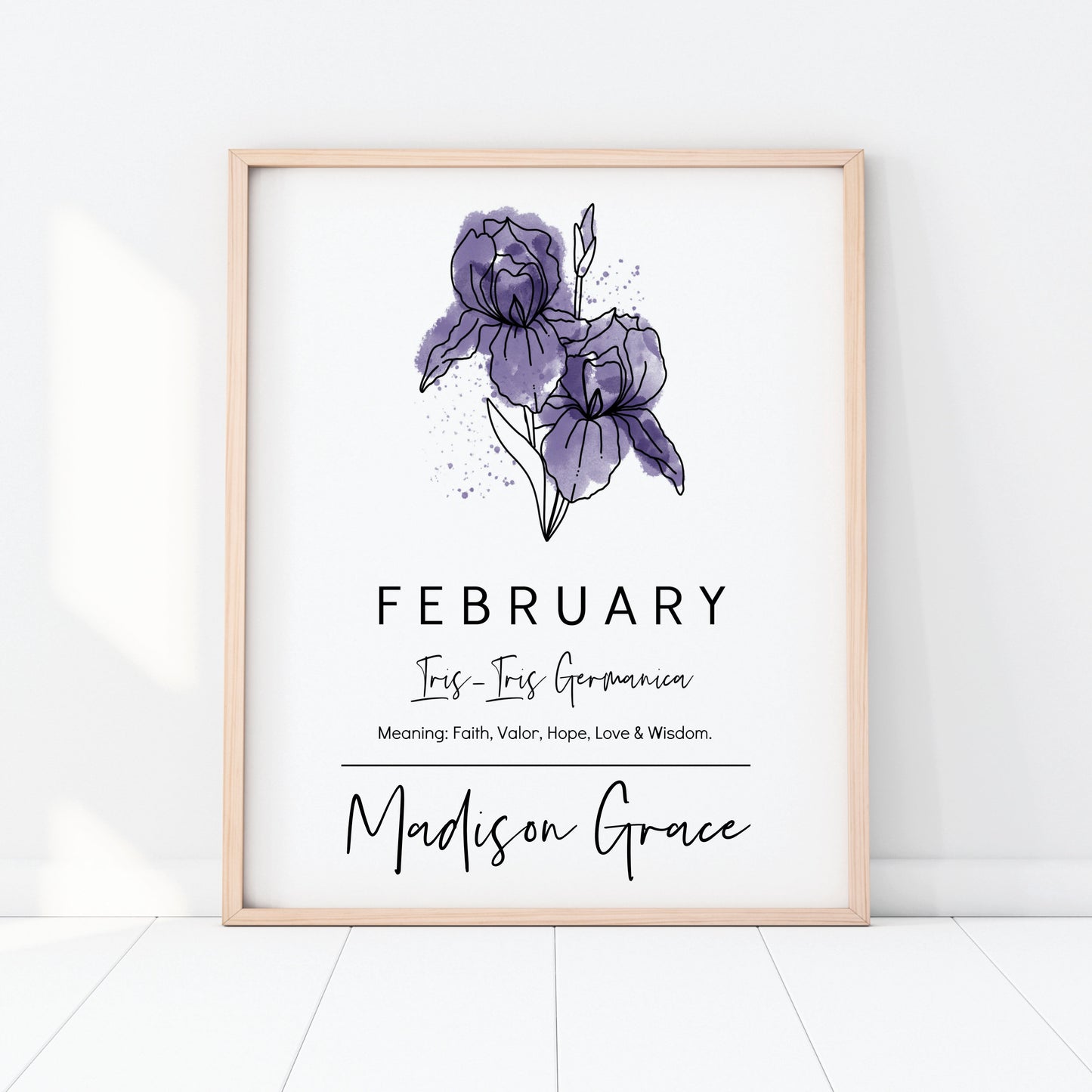 February Birth Flower Iris | Personalized Name Watercolor Floral Unframed Art Print | Birthday Gift