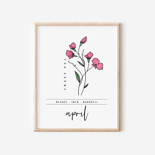 April Sweet Pea Birth Flower Digital Art Printable | Birthday Gift Newborn Nursery Wall Decor