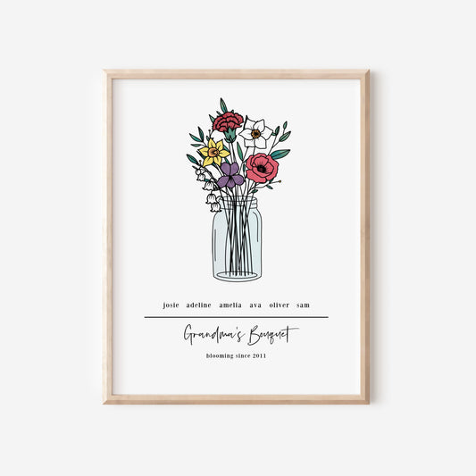 6 Birth Flower Bouquet Print | Up to 6 Names & Flowers Gift for Mom & Grandma