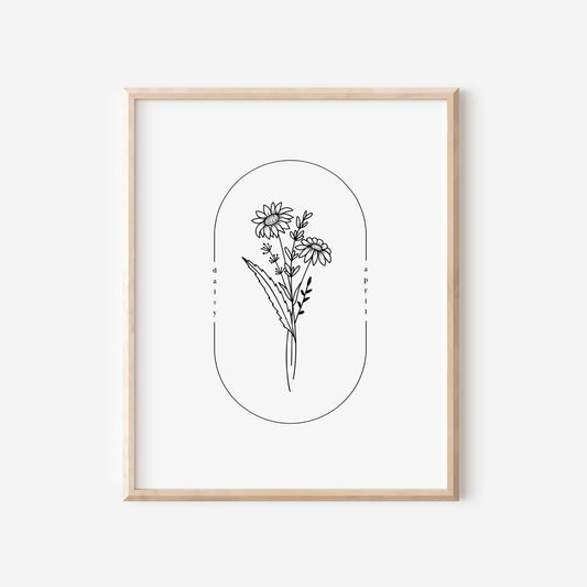 April Birth Flower Daisy | Oval Frame Simple Art Printable | Birthday Gift for Her Mothers Day Gift