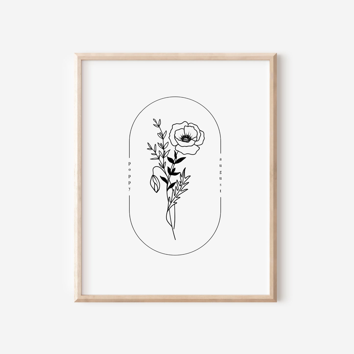 August Birth Flower Poppy | Oval Frame Simple Art Printable | Black Line Art Birth Month Floral Art