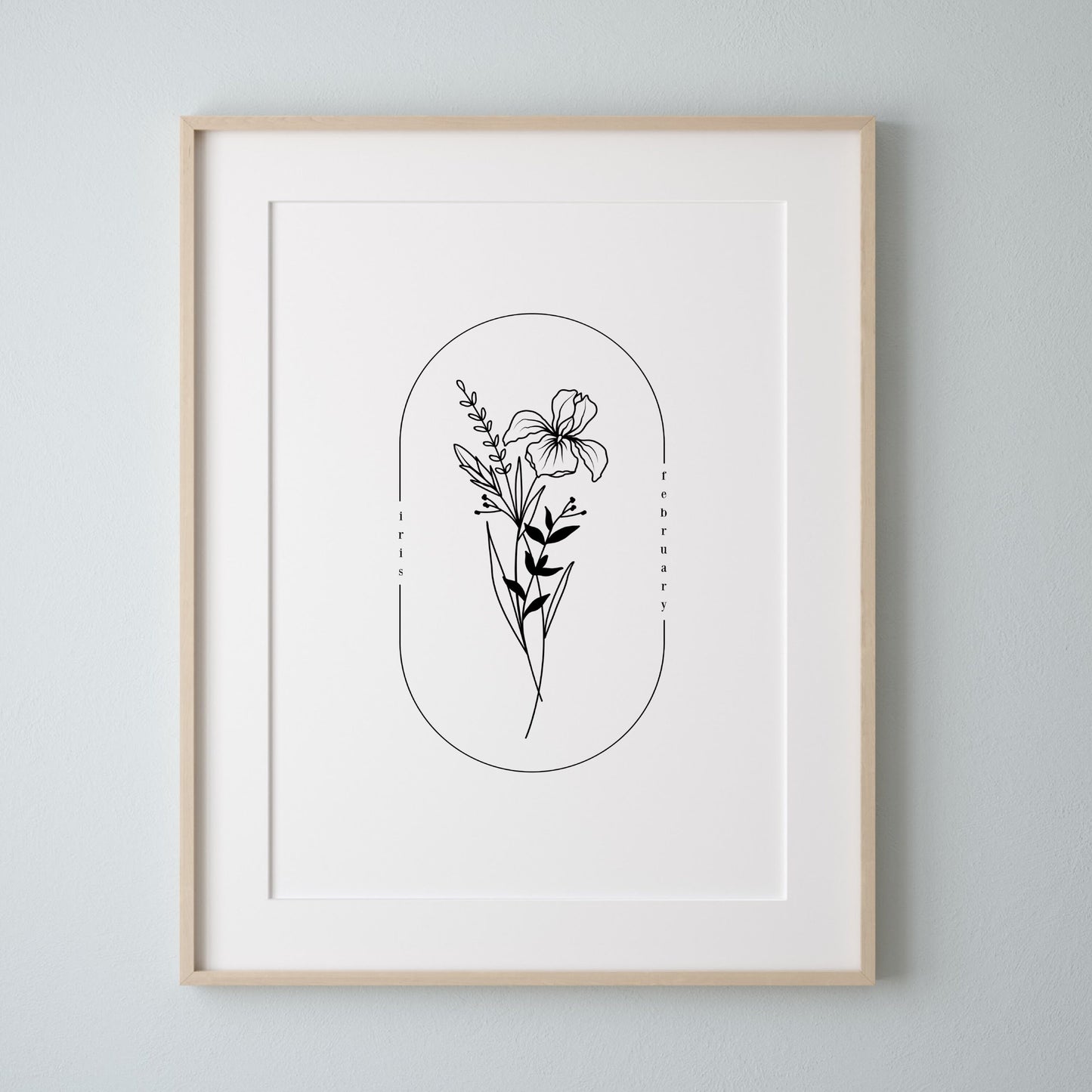 February Birth Flower Iris | Oval Frame Simple Art Printable | Birthday Gift