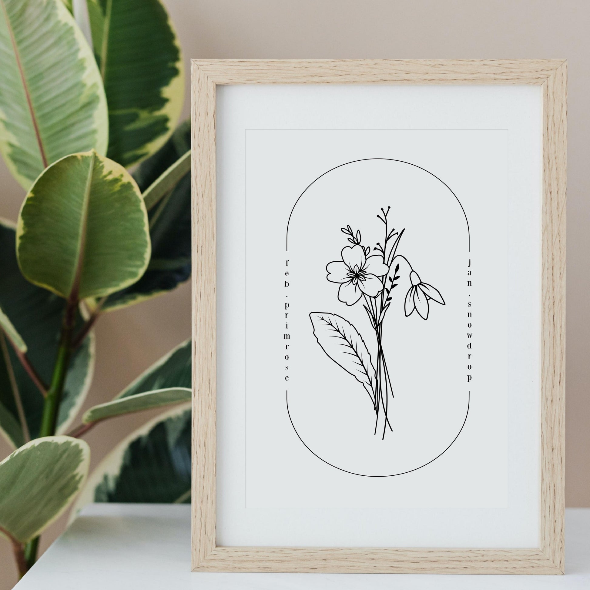 February & January Birth Flower Printable | Oval Frame Simple Line Art