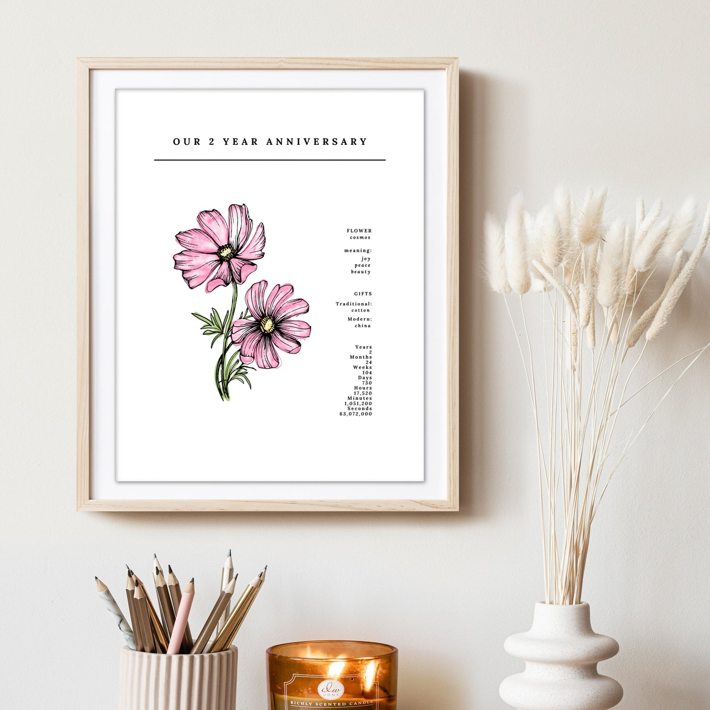 2 Year Anniversary Cosmos Flower Art Printable | Wedding Anniversary Floral Digital Wall Decor