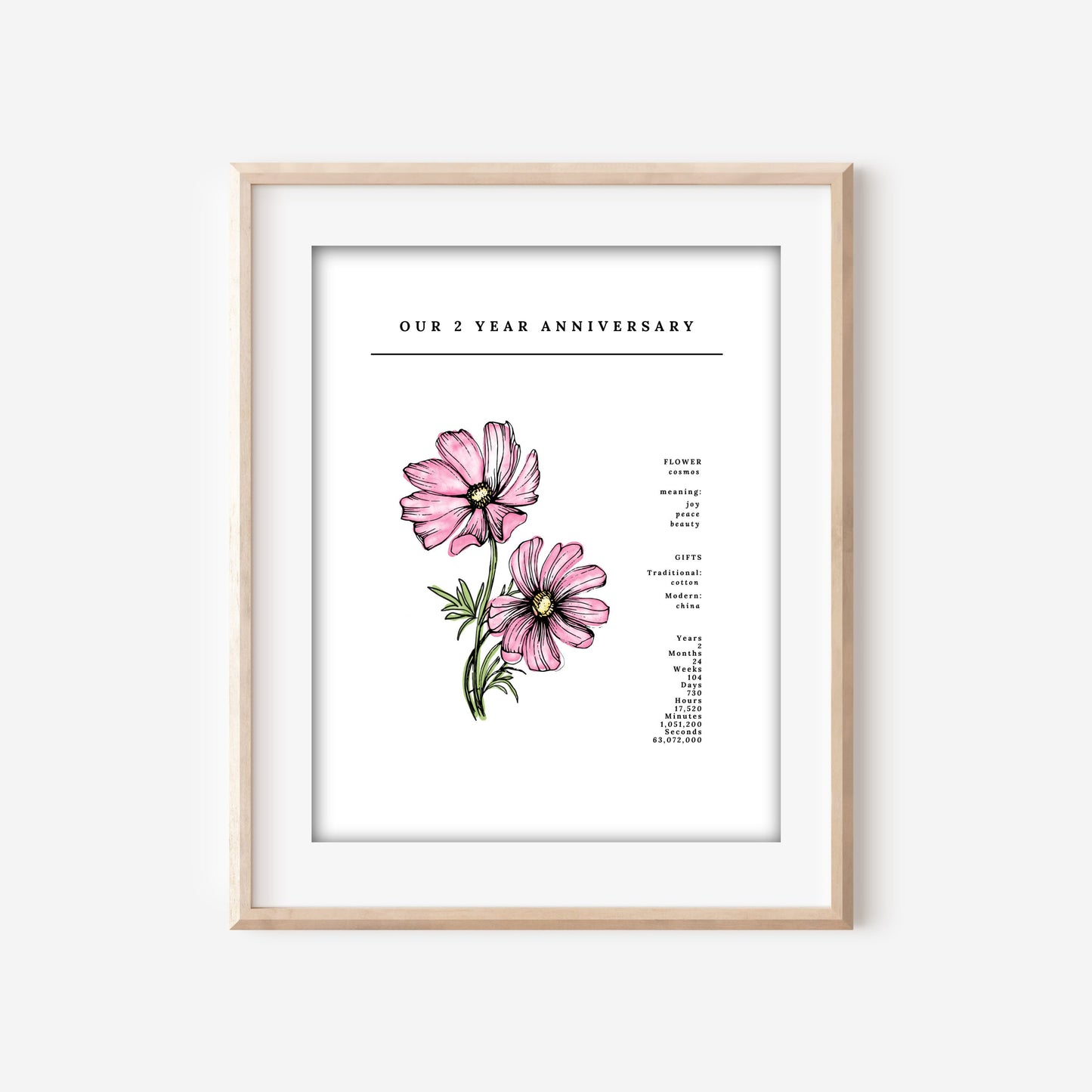 2 Year Anniversary Cosmos Flower Art Printable | Wedding Anniversary Floral Digital Wall Decor