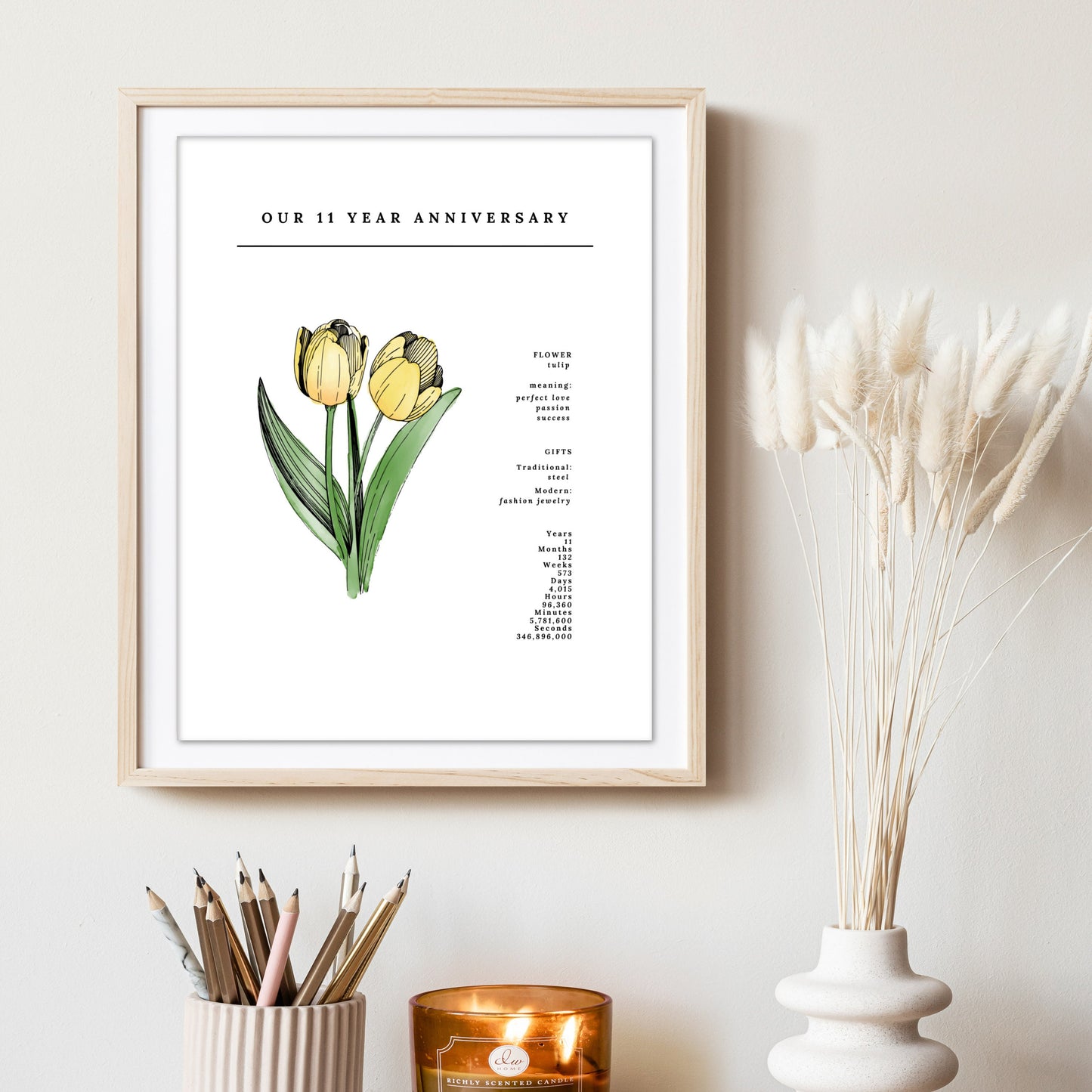 11 Year Anniversary Tulip Flower Art Printable | Wedding Anniversary Floral Gift