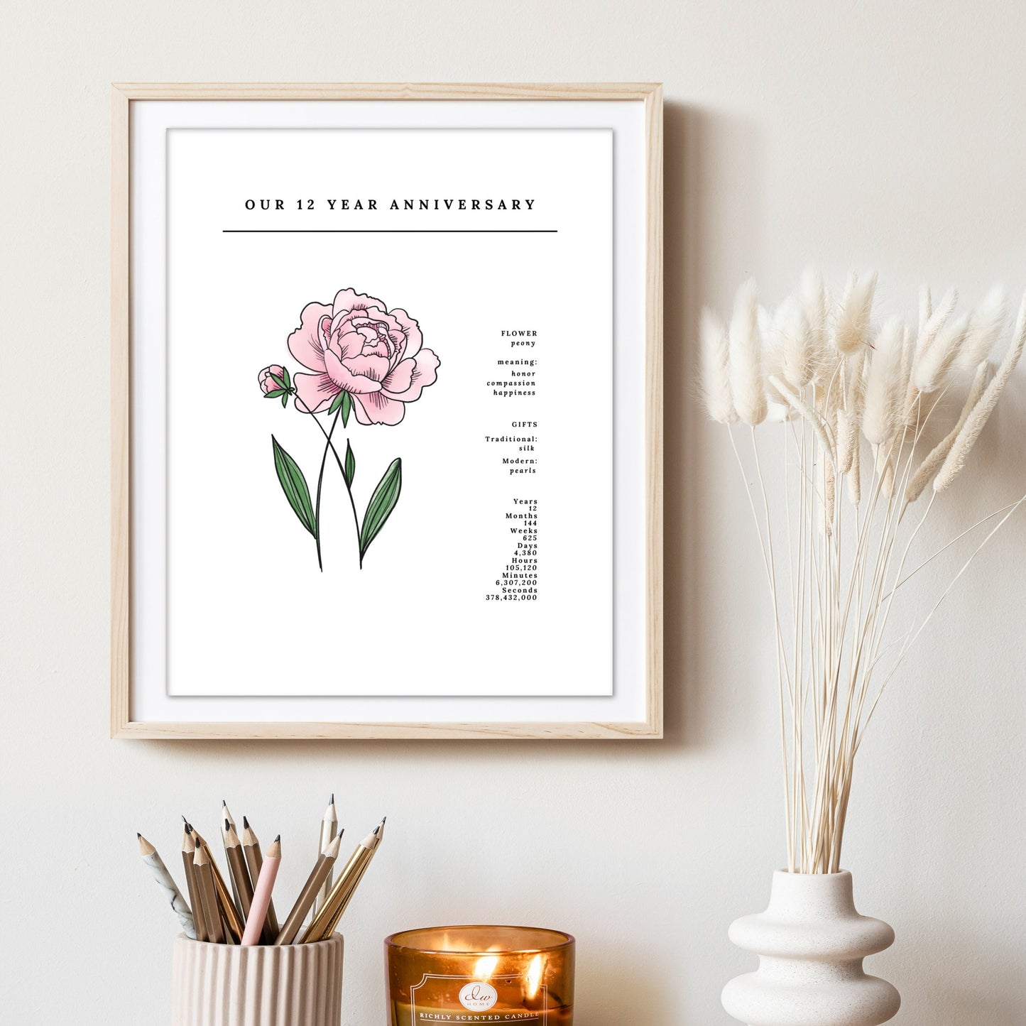 12 Year Anniversary Peony Flower Art Printable | Wedding Anniversary Gift Idea