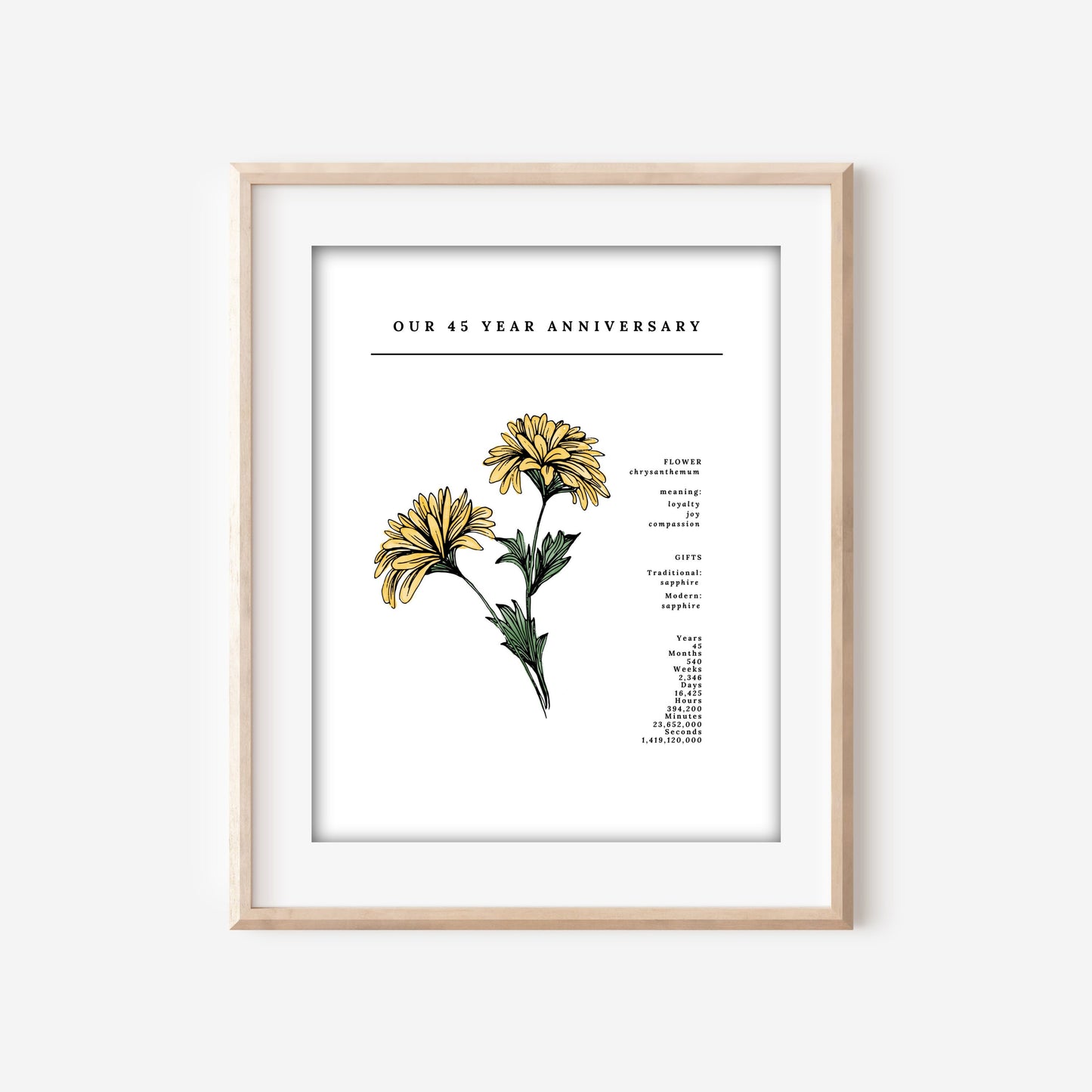 45 Year Anniversary Chrysanthemum Flower Art Printable | Wedding Anniversary Floral Gift