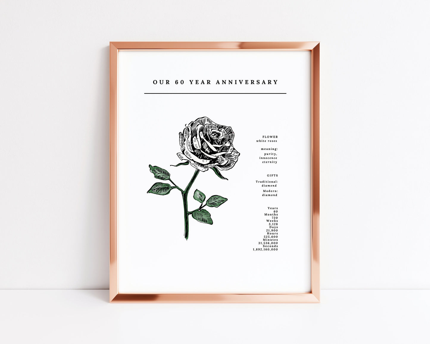 60 Year Anniversary White Roses Flower Art Printable | Wedding Anniversary Floral Gift