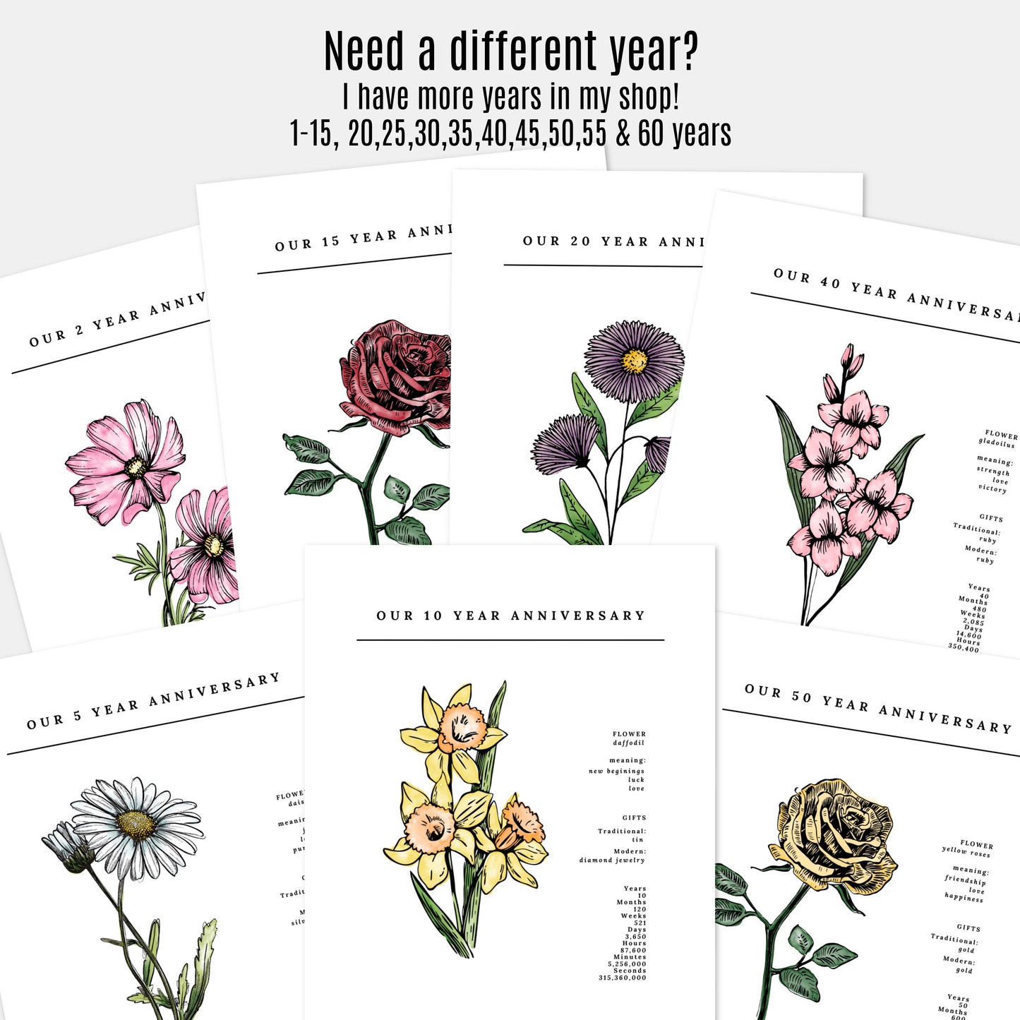 5 Year Anniversary Daisy Flower Art Printable | Wedding Anniversary Floral Gift