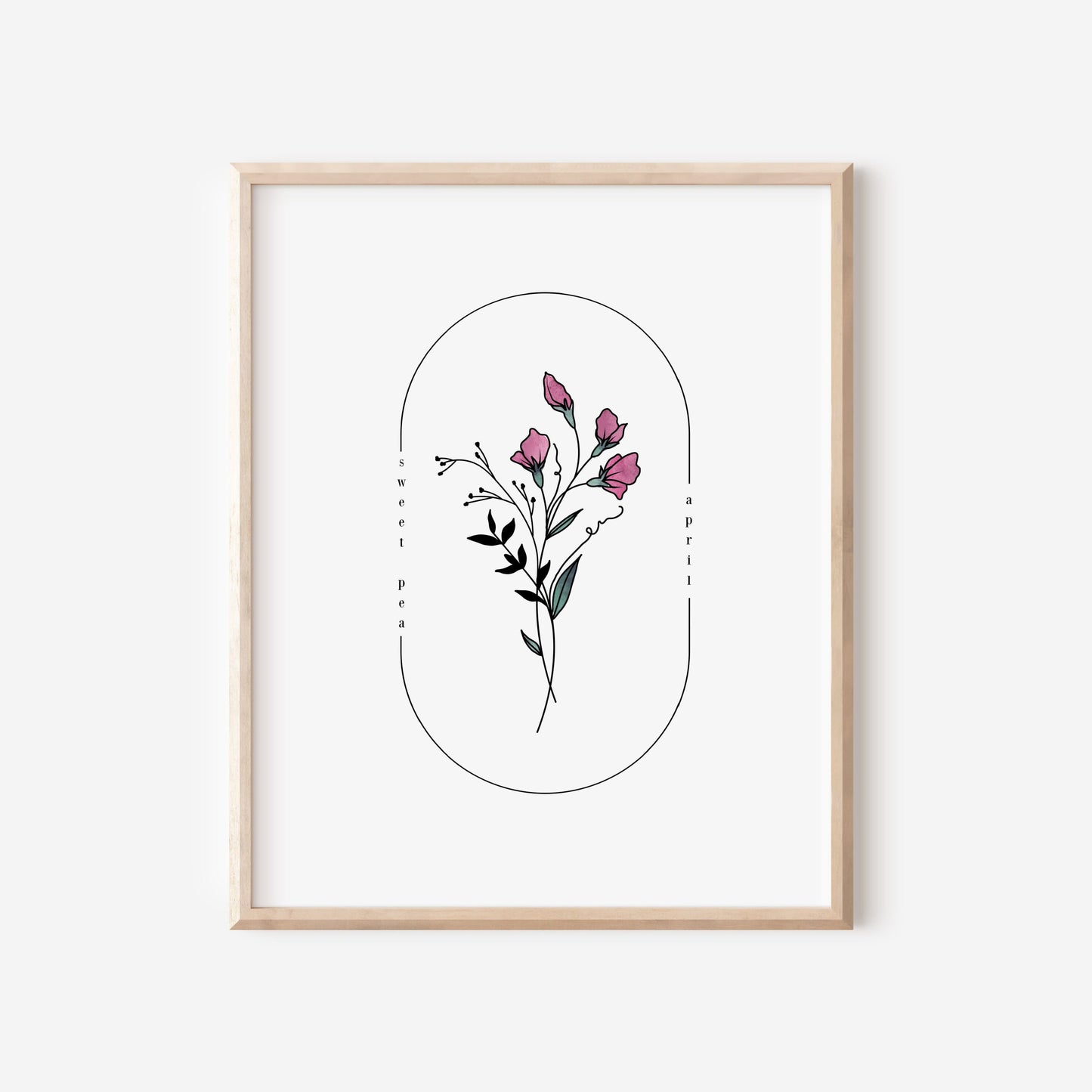 April Birth Flower Sweet Pea | Watercolor Oval Frame Simple Art Printable | Birth Month Floral Art