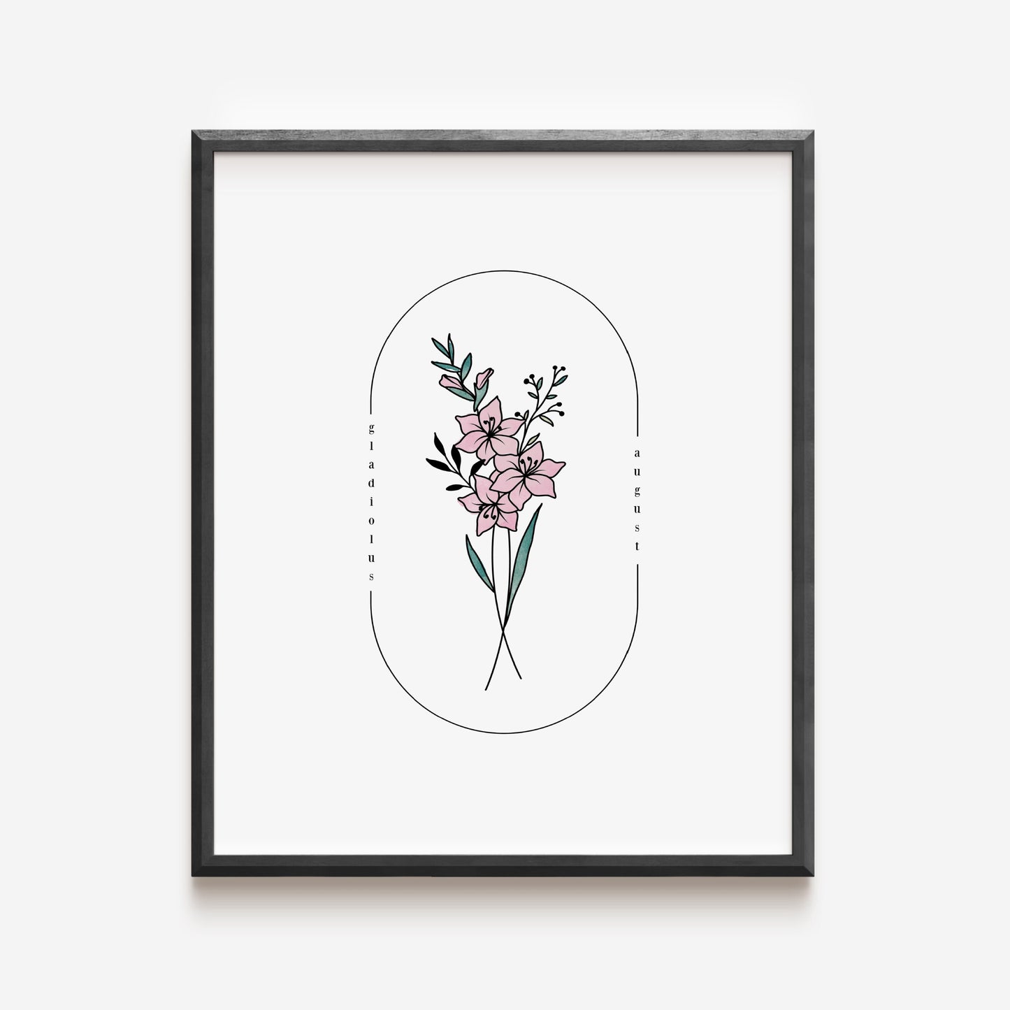 August Birth Flower Gladiolus | Watercolor Oval Frame Simple Art Printable | Birth Month Floral Art