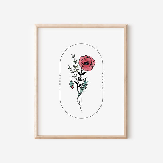 August Birth Flower Poppy | Watercolor Oval Frame Simple Art Printable | Birth Month Floral Art