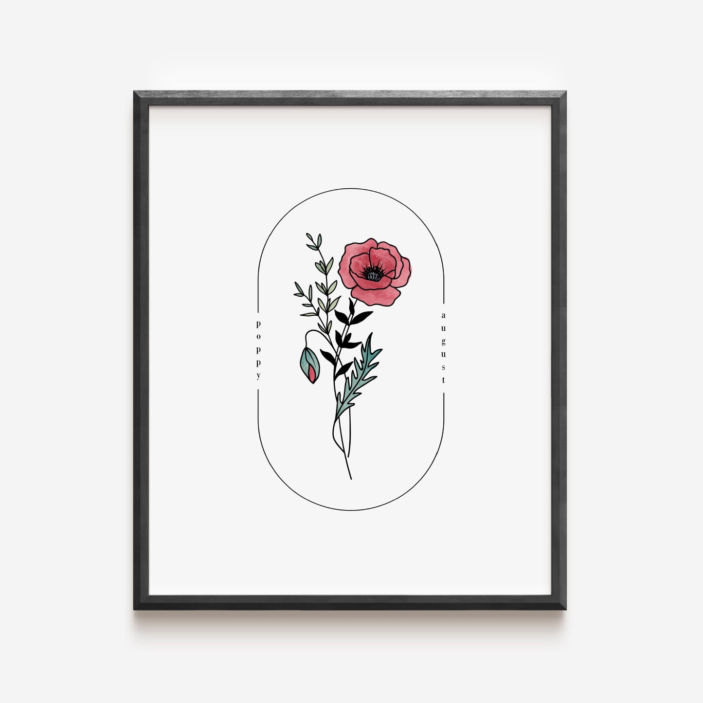 August Birth Flower Poppy | Watercolor Oval Frame Simple Art Printable | Birth Month Floral Art