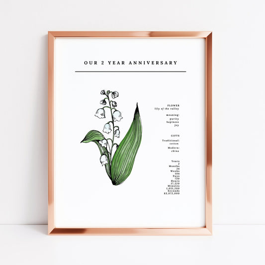 2 Year Anniversary Lily of the Valley Flower Art Printable | Wedding Anniversary Gift Idea