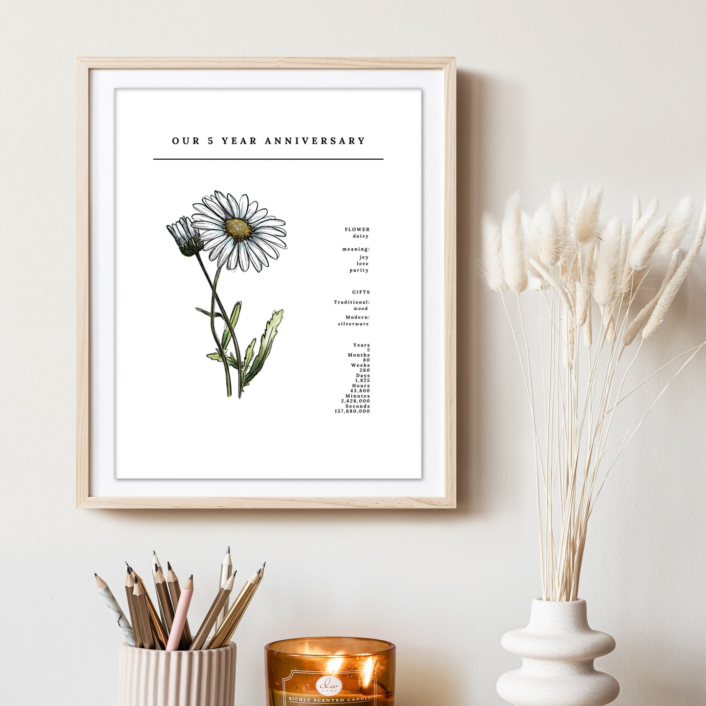5 Year Anniversary Daisy Flower Art Printable | Wedding Anniversary Floral Gift