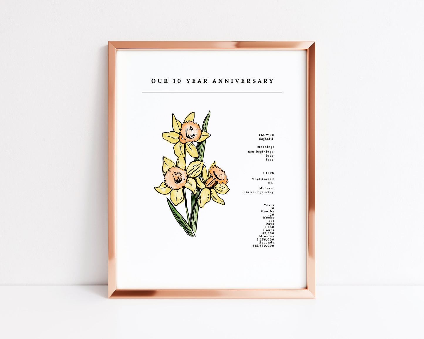 10 Year Anniversary Daffodil Flower Art Printable | Wedding Anniversary Year Gift