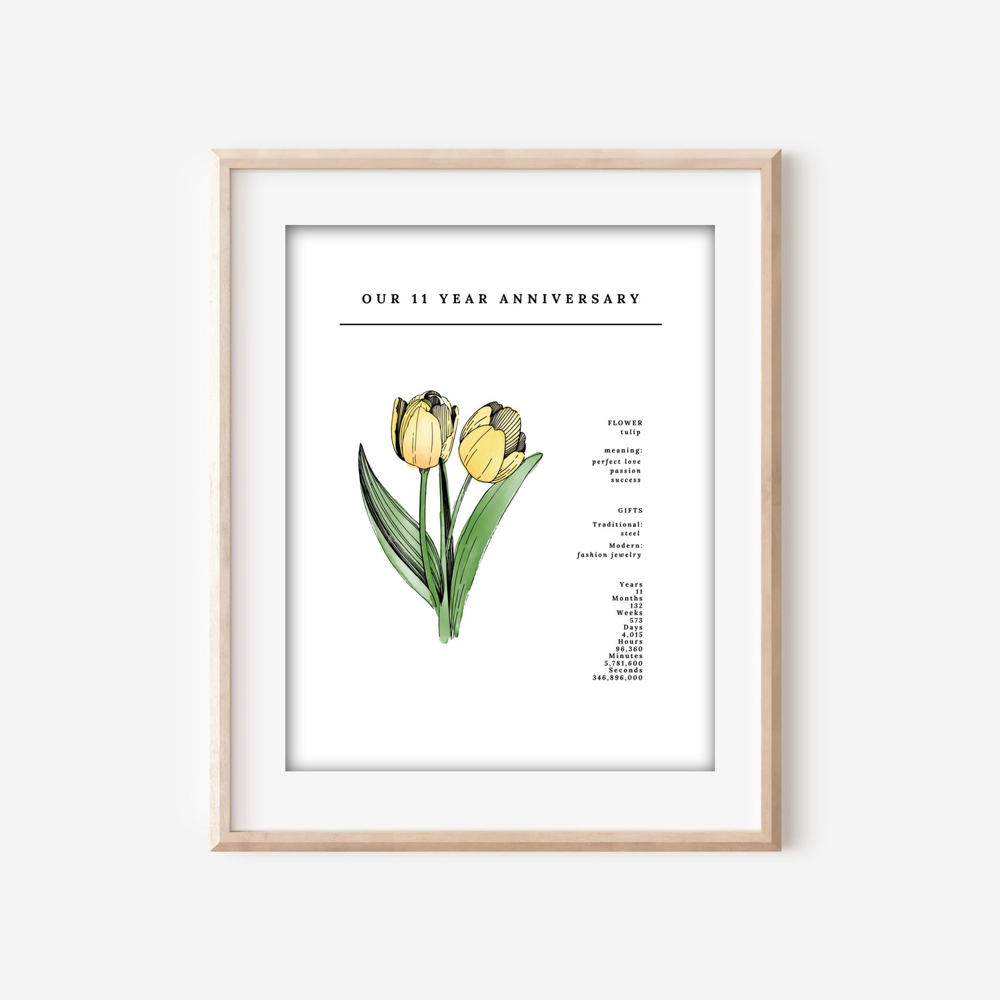 11 Year Anniversary Tulip Flower Art Printable | Wedding Anniversary Floral Gift