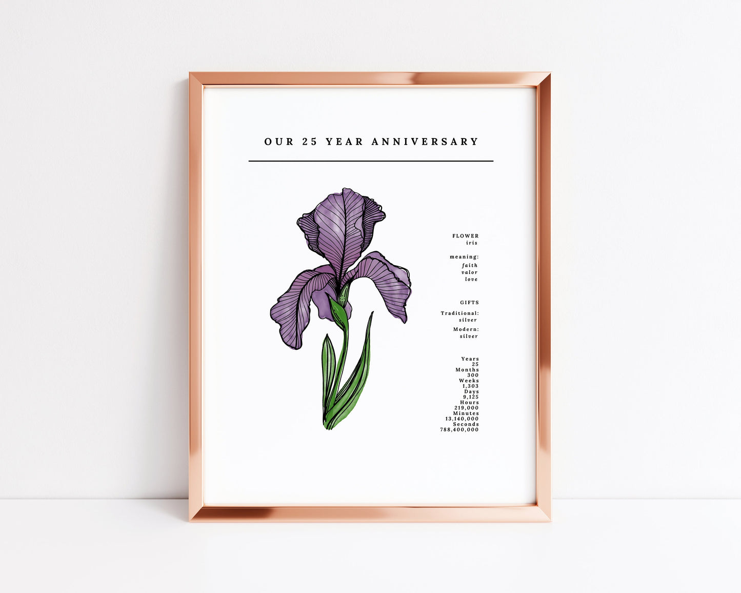 25 Year Anniversary Iris Flower Art Printable | Wedding Anniversary Floral Digital Wall Decor