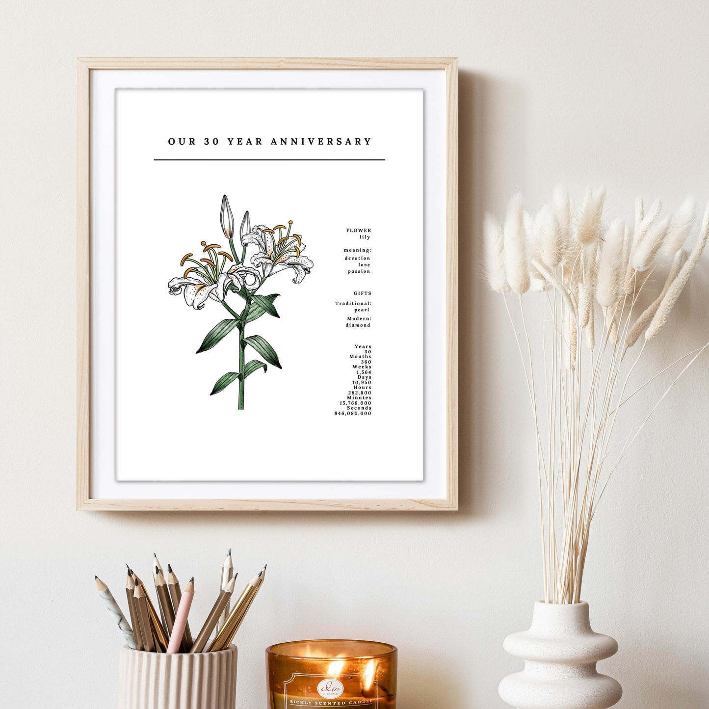 30 Year Anniversary Lily Flower Art Printable | Wedding Anniversary Floral Digital Wall Decor