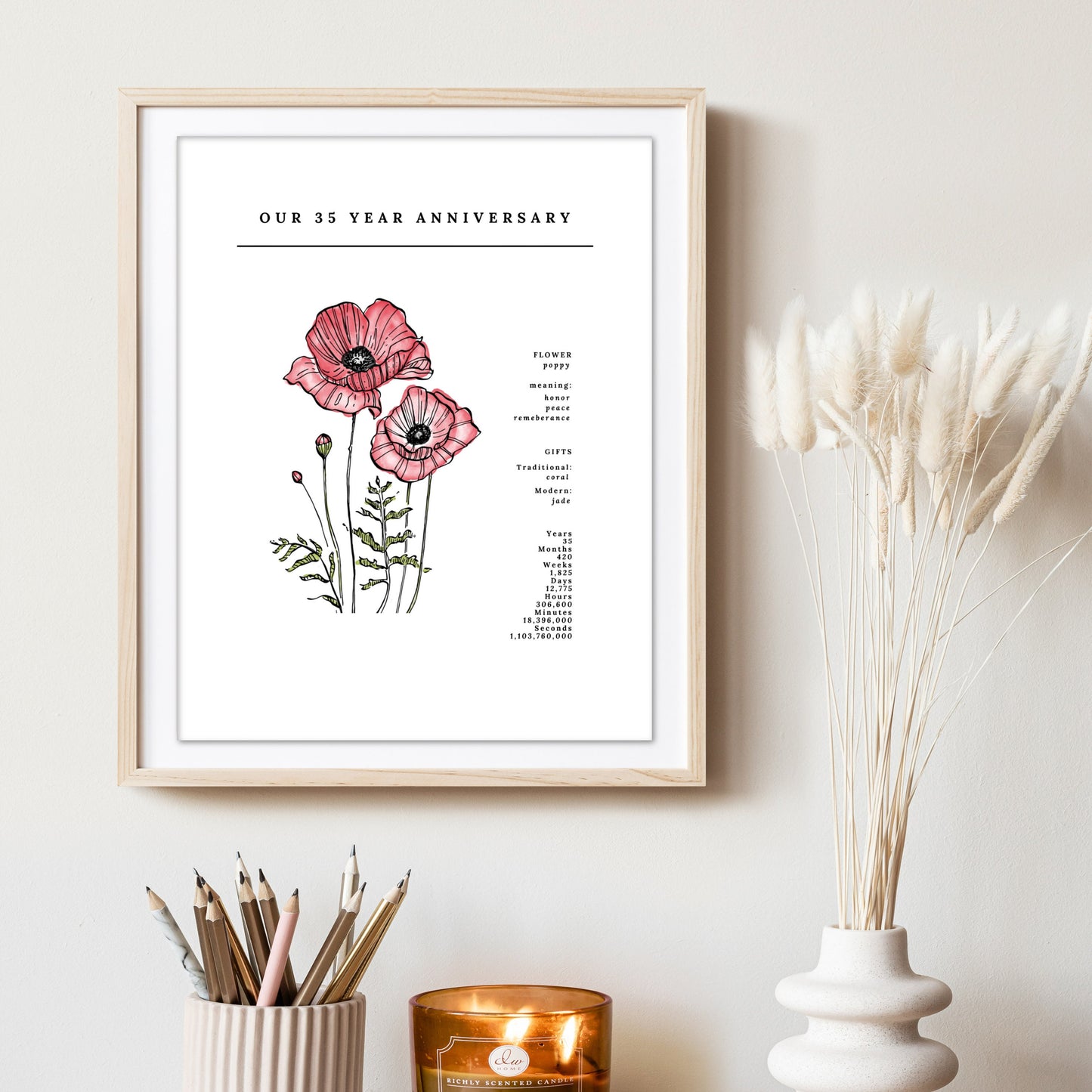 35 Year Anniversary Poppy Flower Art Printable | Wedding Anniversary Floral Digital Wall Decor