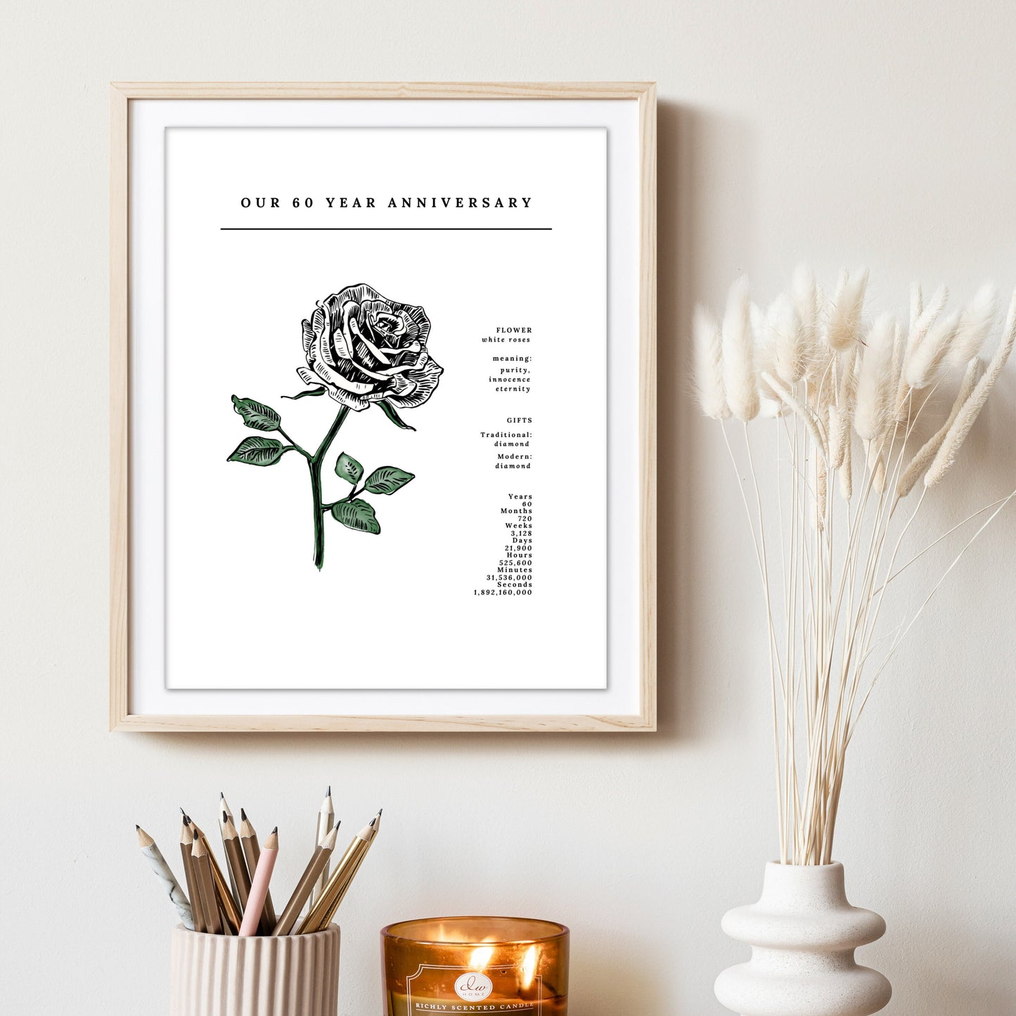 60 Year Anniversary White Roses Flower Art Printable | Wedding Anniversary Floral Gift