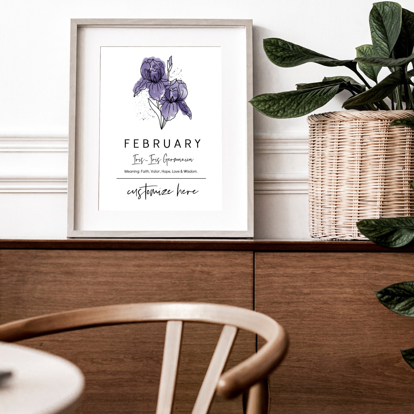 February Birth Flower Iris | Personalized Name Watercolor Floral Unframed Art Print | Birthday Gift