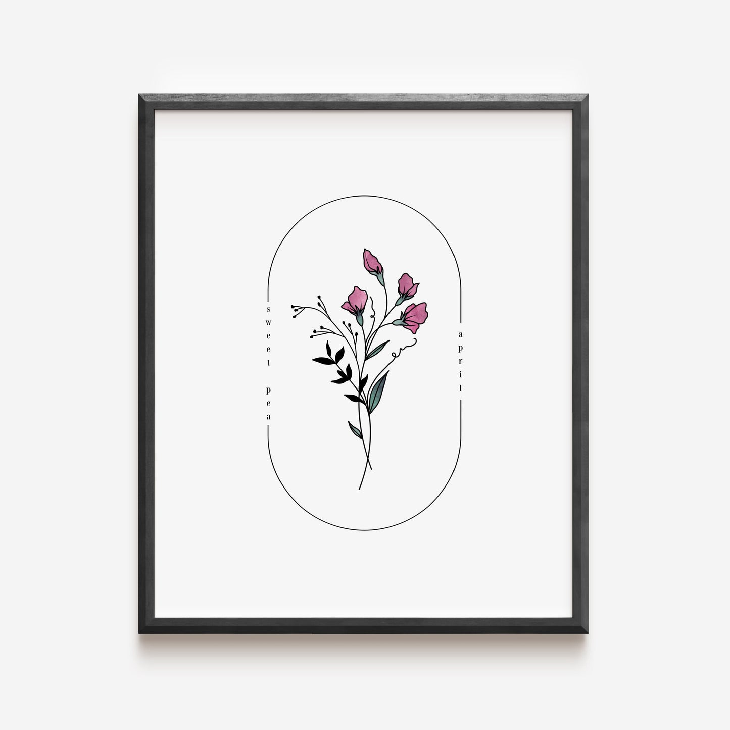 April Birth Flower Sweet Pea | Watercolor Oval Frame Simple Art Printable | Birth Month Floral Art