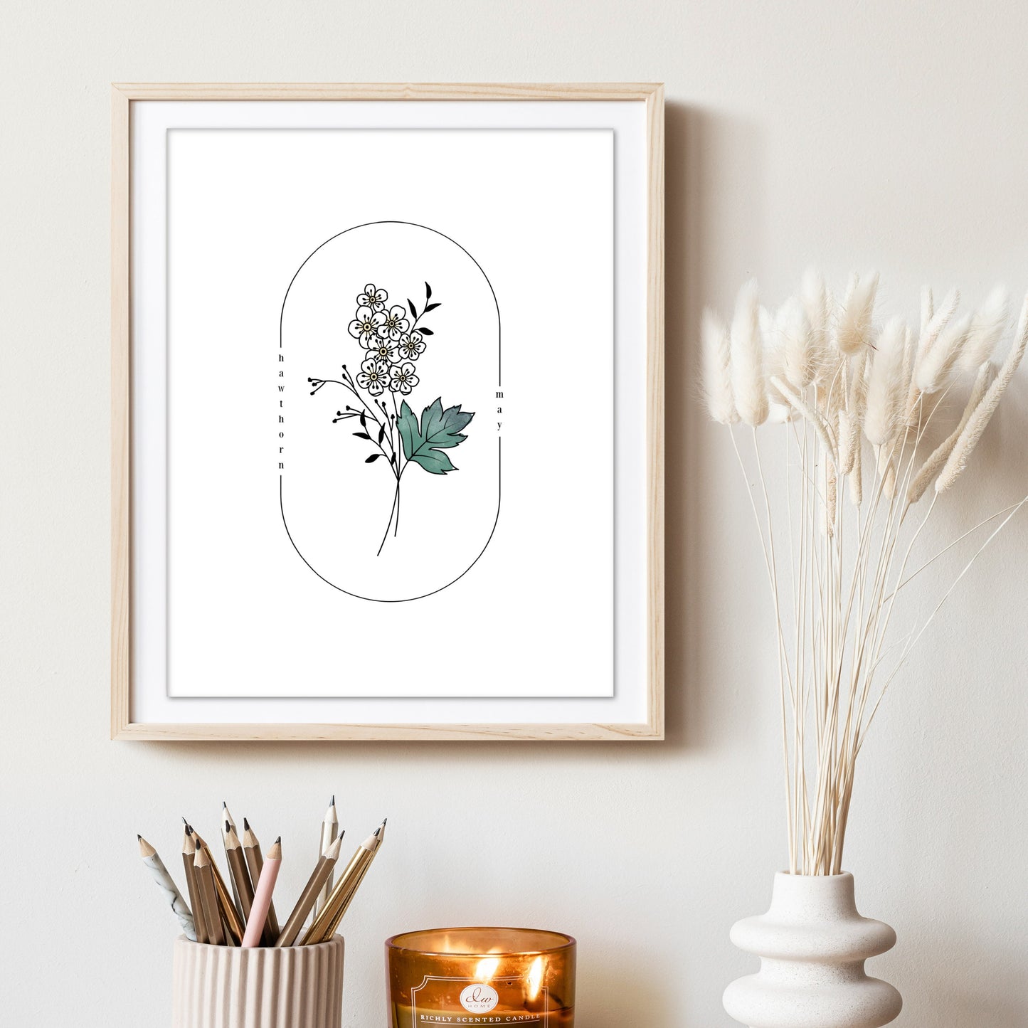 May Birth Flower Hawthorn | Watercolor Oval Frame Simple Art Printable | Birth Month Floral Decor