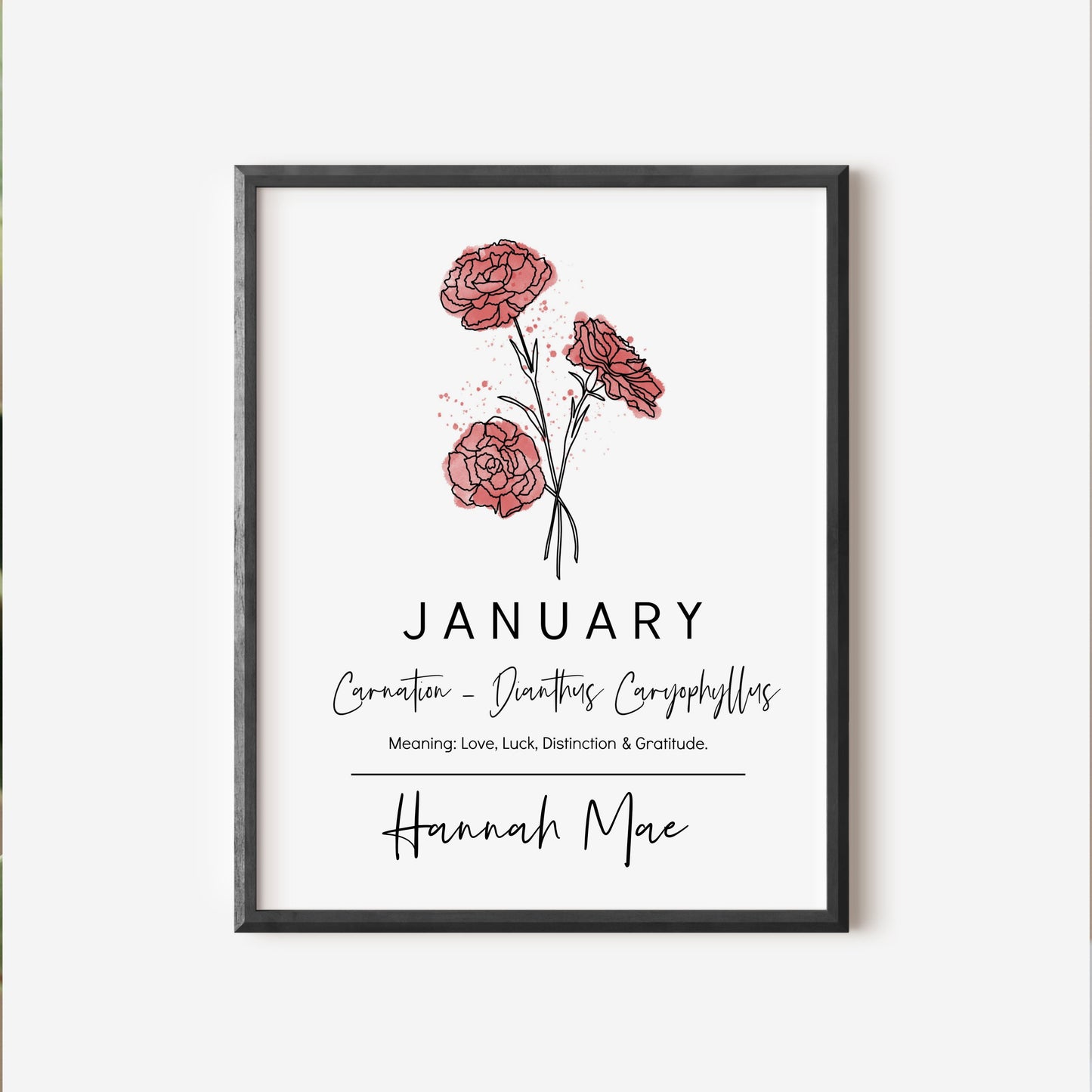 January Birth Flower Carnation | Personalized Unframed Art Print | Custom Name Floral Illustration
