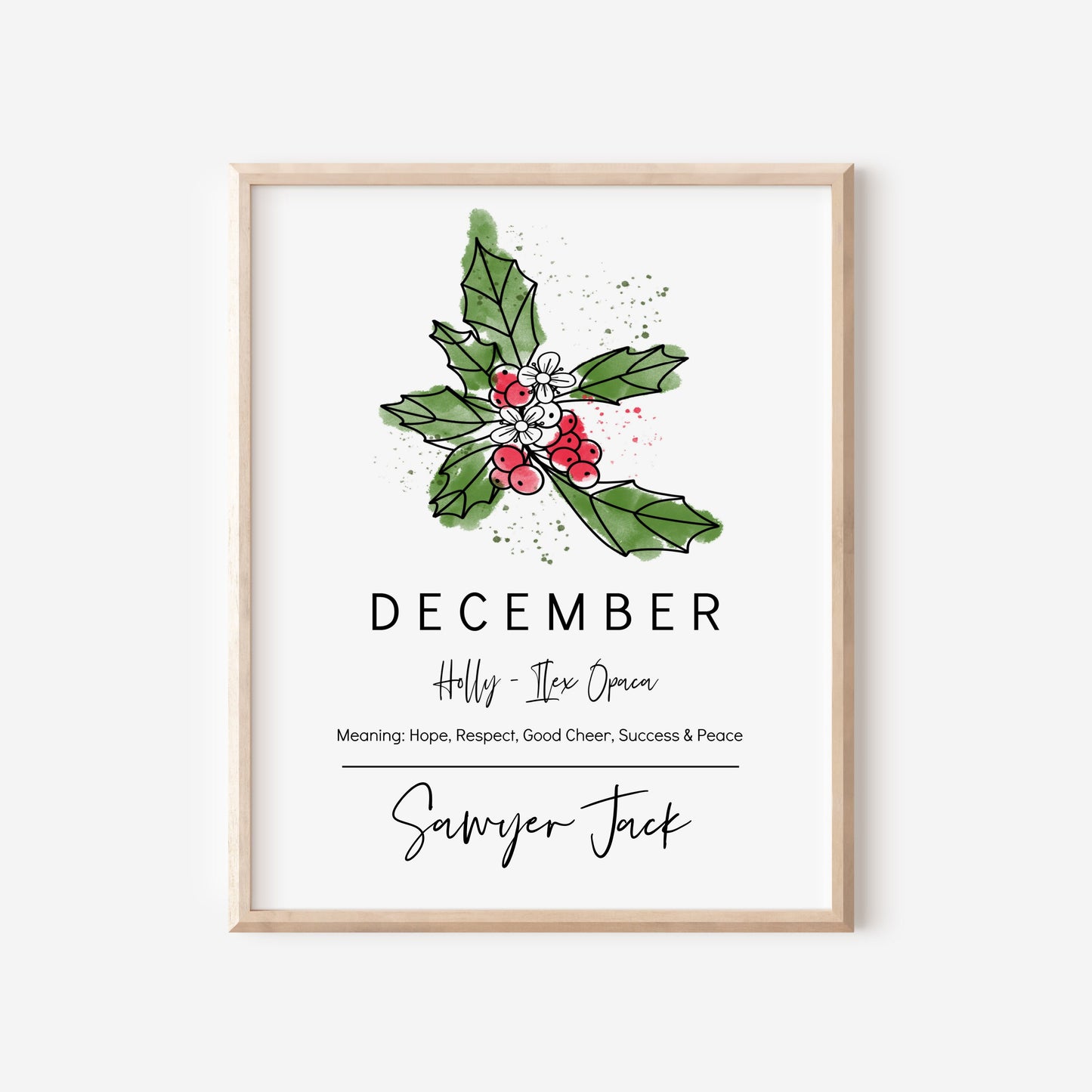 December Birth Month Flower Holly | Personalized Unframed Art Print | Custom Name Birthday Wall Decor
