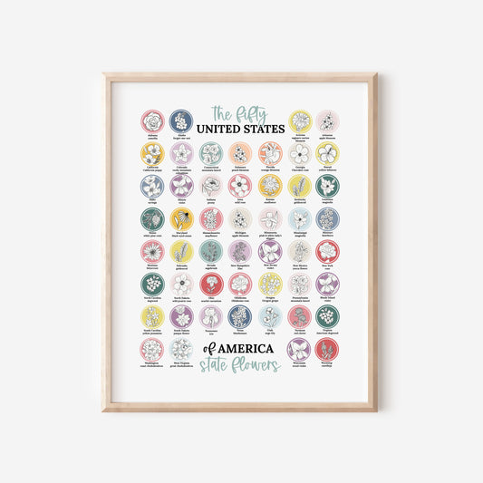 US State Flower Colorful Chart Printable | United States of America 50 States