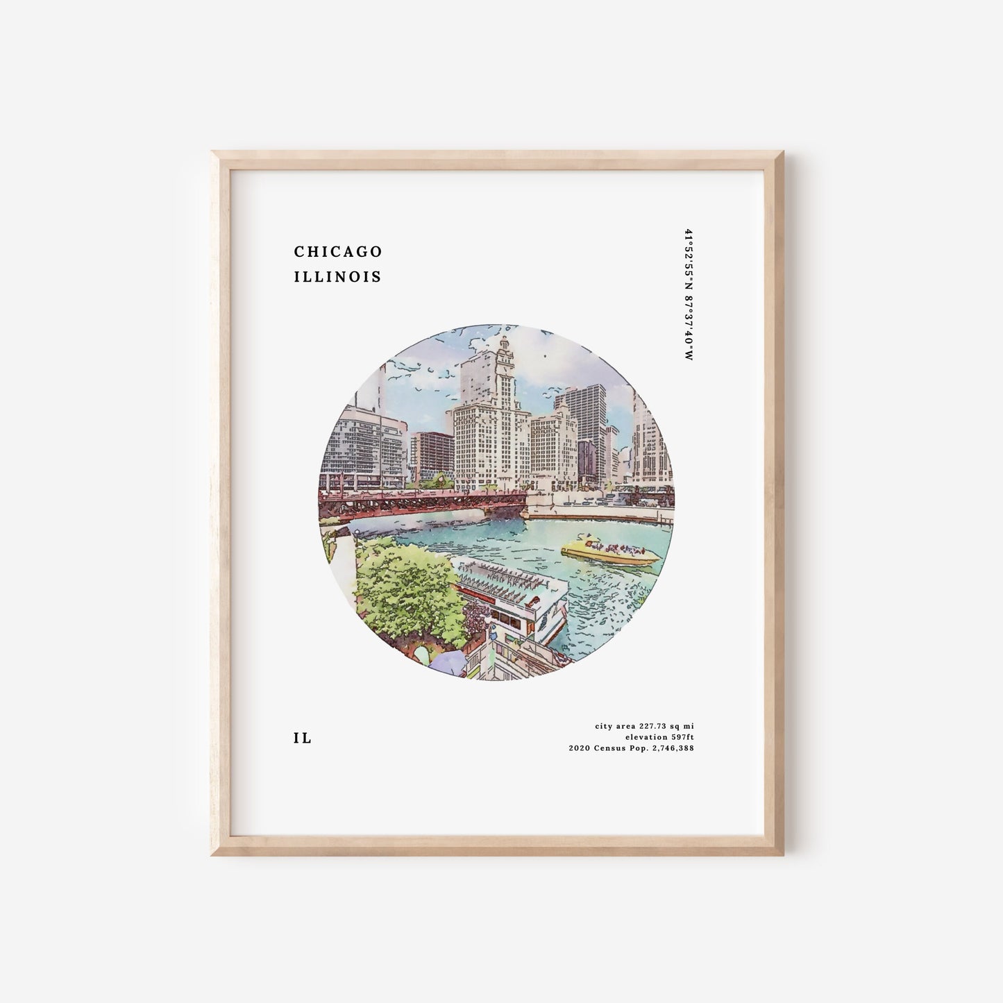 Chicago Illinois Riverwalk Facts & Watercolor Illustration Printable | Vacation Souvenir Wedding or Birthday Gift