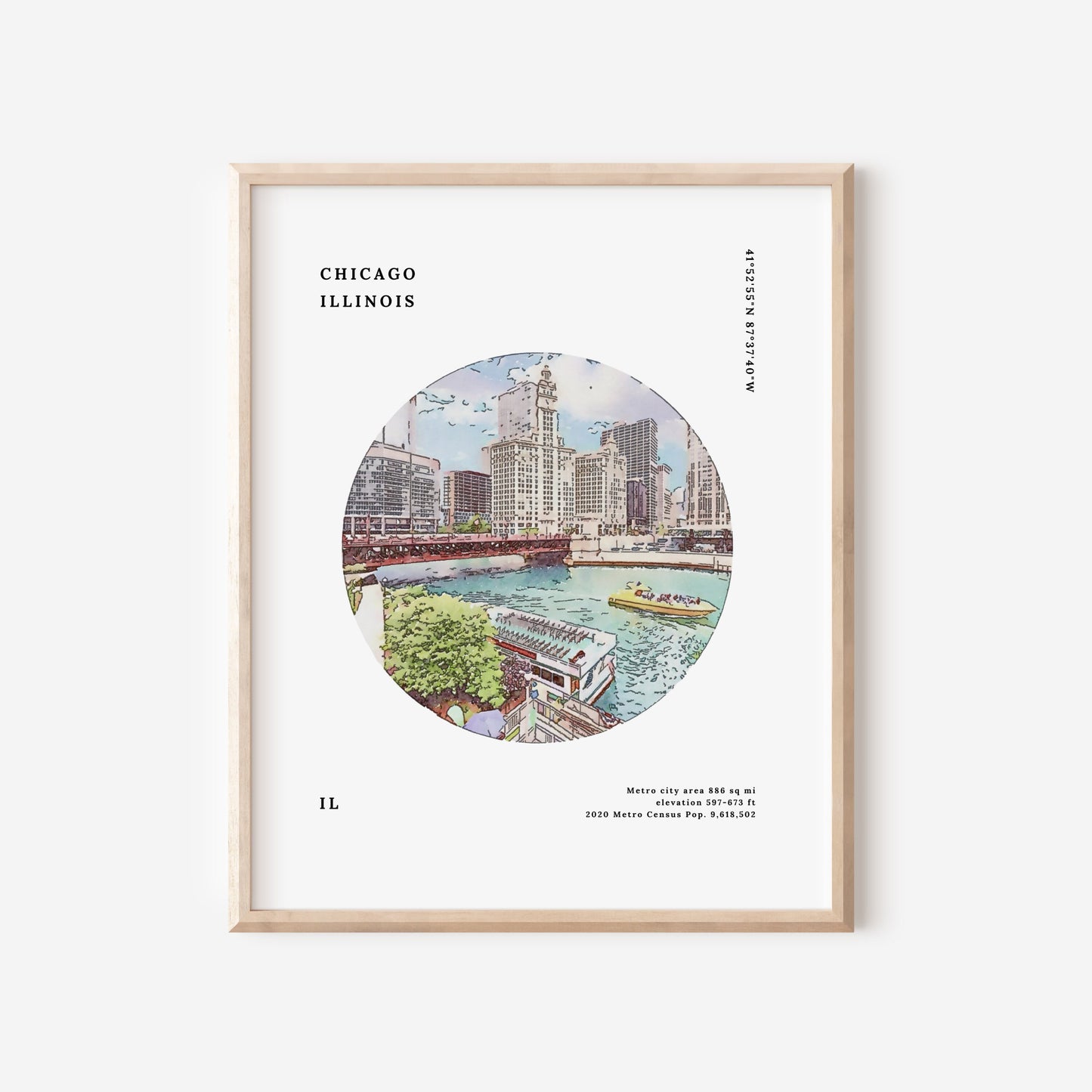 Chicago Illinois Riverwalk Facts & Watercolor Illustration Printable | Vacation Souvenir Wedding or Birthday Gift