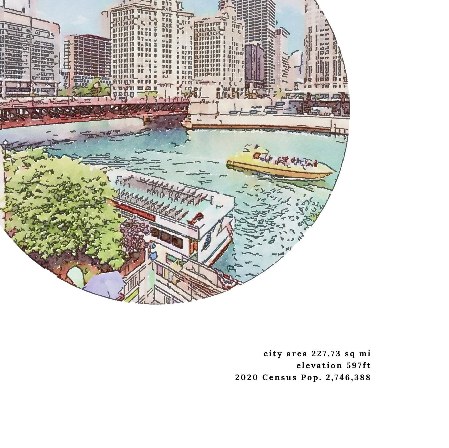 Chicago Illinois Riverwalk Facts & Watercolor Illustration Printable | Vacation Souvenir Wedding or Birthday Gift