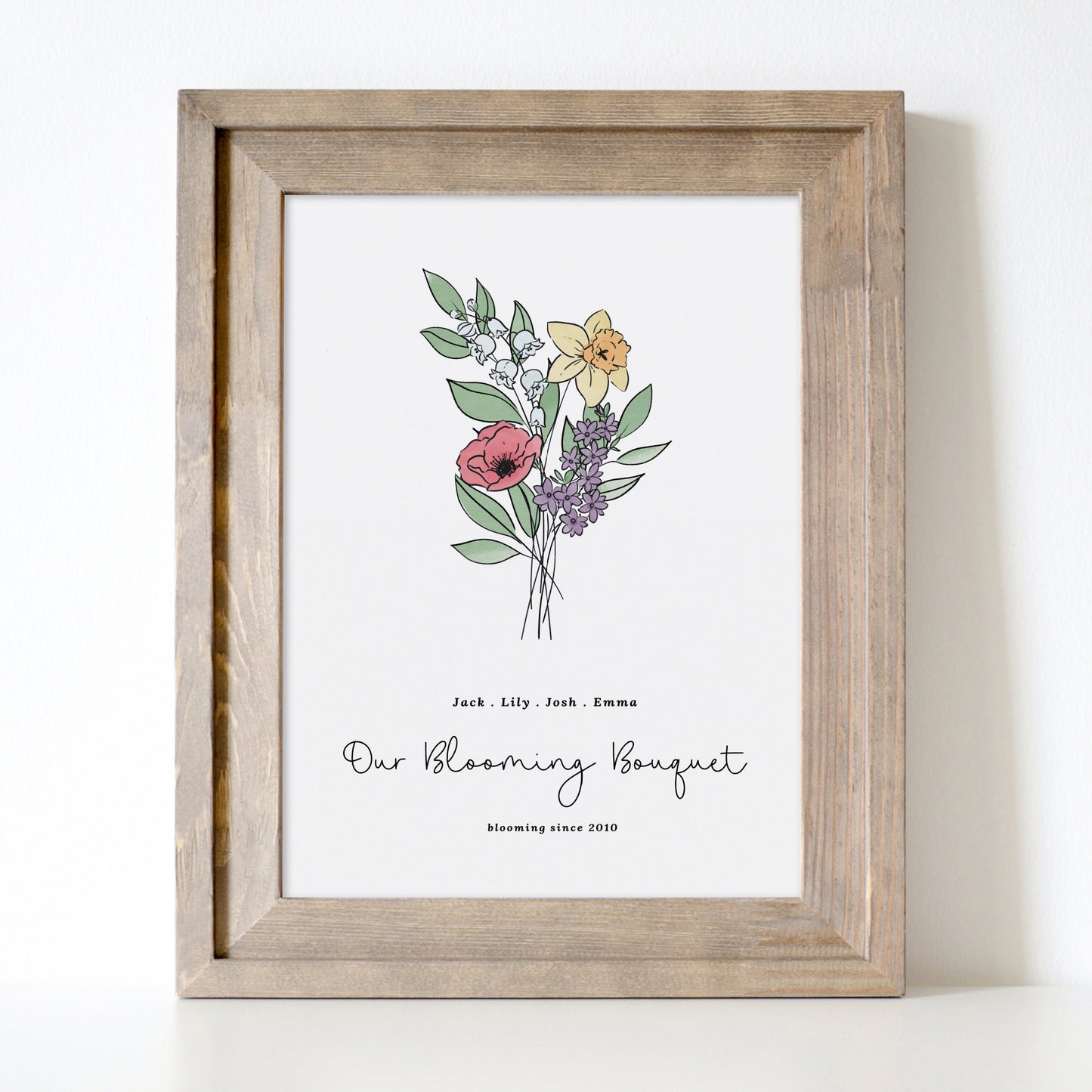 Family Birth Flower Bouquet Watercolor Art Print | Up to 6 Flowers