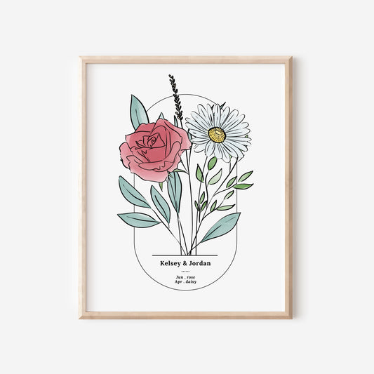 2 Flowers Birth Flower Bouquet Art Print | Personalized Wedding Gift | Couples Anniversary Keepsake