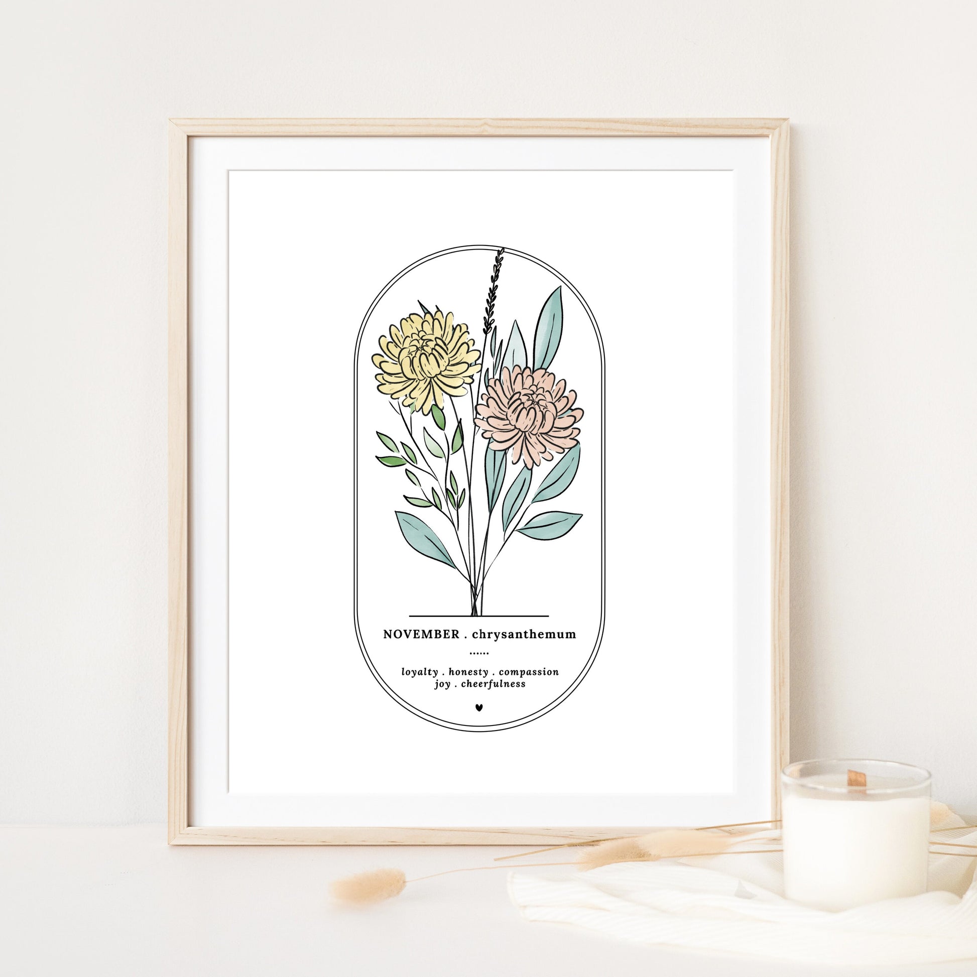 November Birth Flower Chrysanthemum | Arch Oval Frame Simple Art Printable
