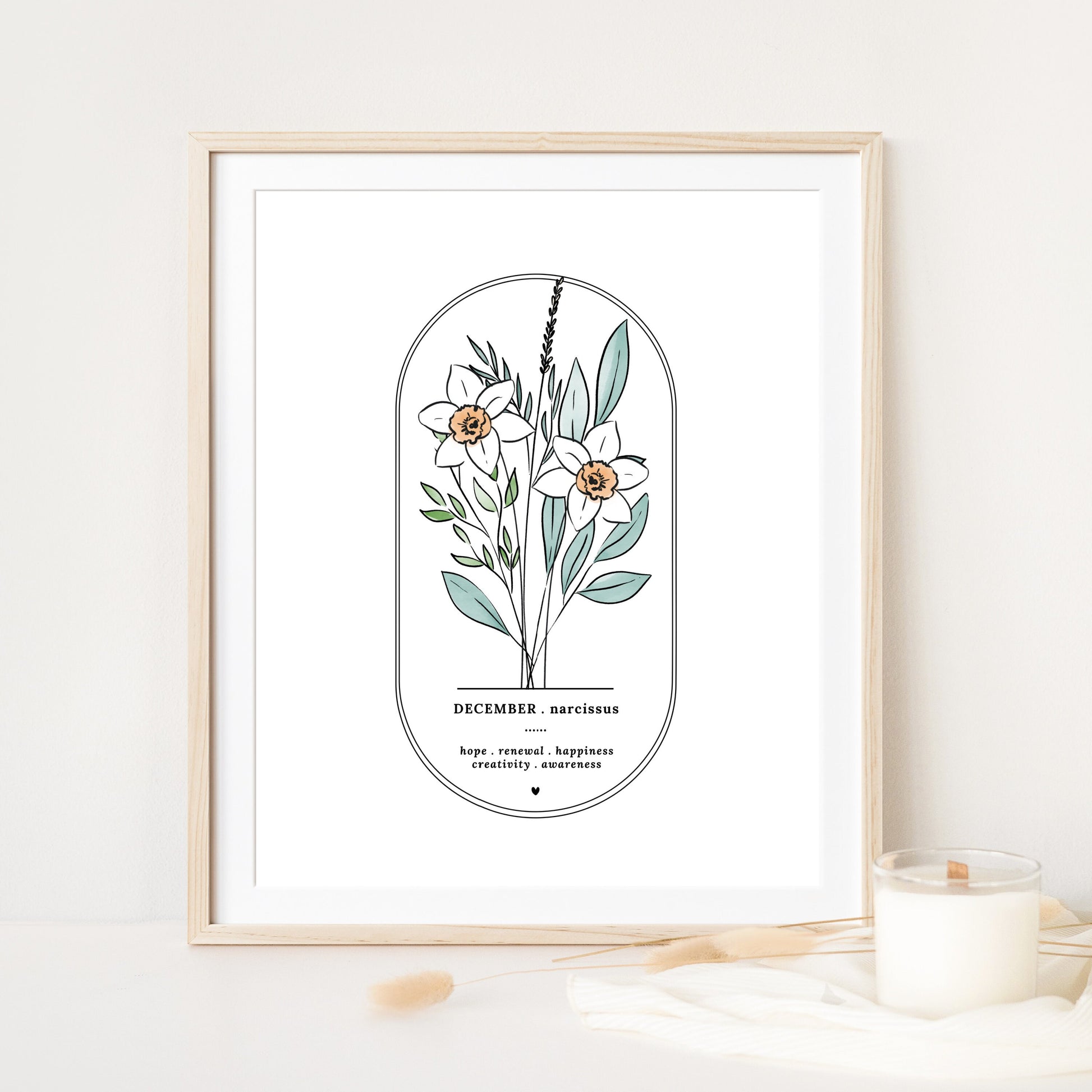 December Birth Flower Narcissus | Arch Oval Frame Simple Art Printable