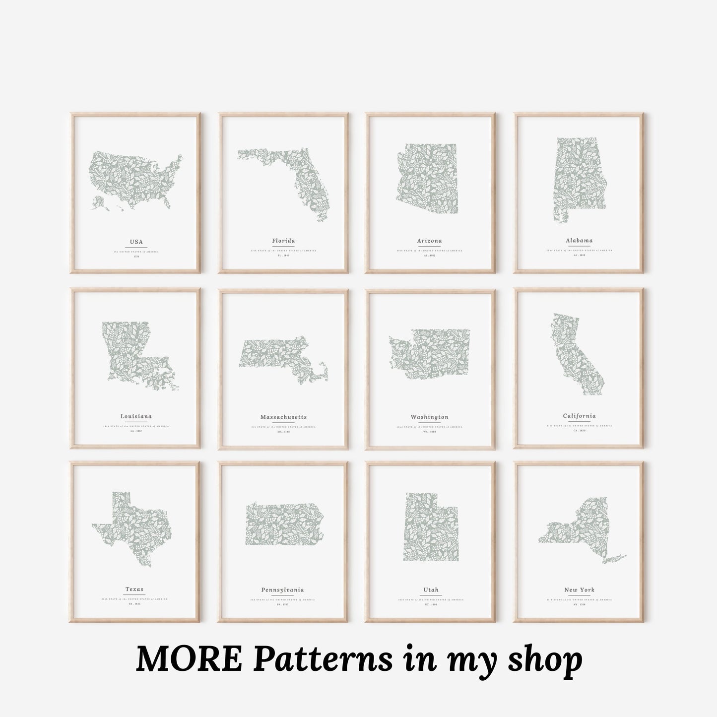 You Pick US States USA Map Patterned State Print | Sage Green Floral and Foliage Art