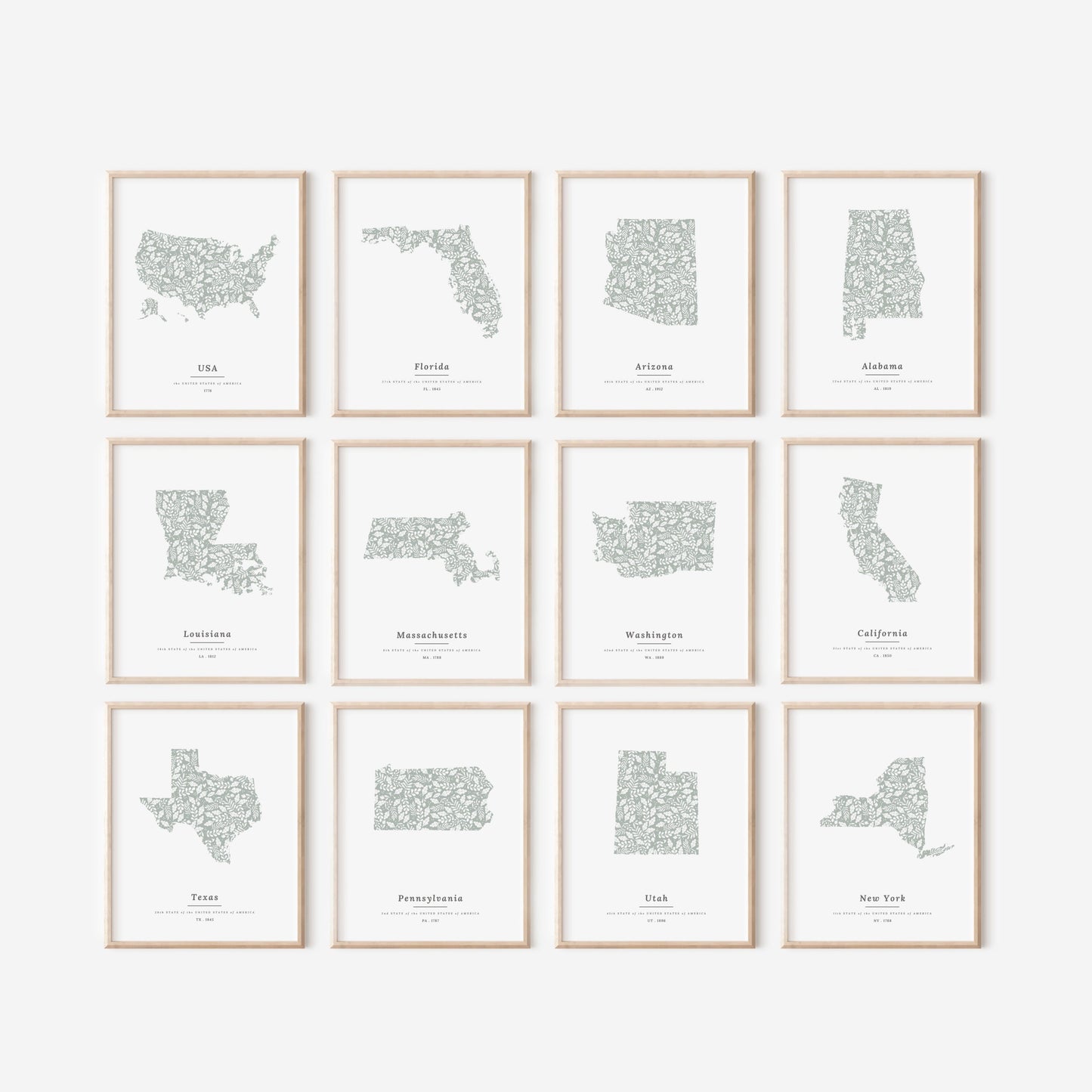 You Pick US States USA Map Patterned State Print | Sage Green Floral and Foliage Art