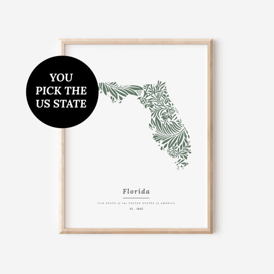 YOU Pick 1 US States USA Map Patterned State Print | Dark Green Fern and Foliage