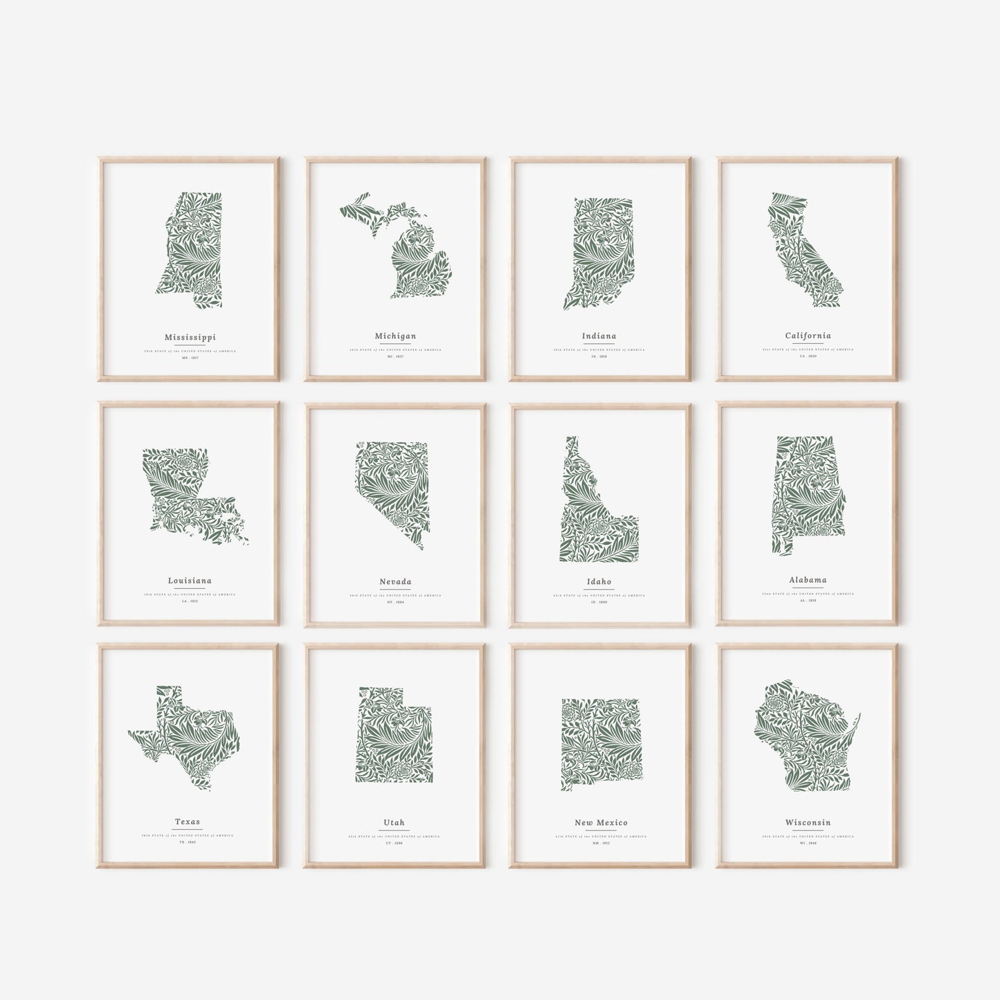 YOU Pick 1 US States USA Map Patterned State Print | Dark Green Fern and Foliage