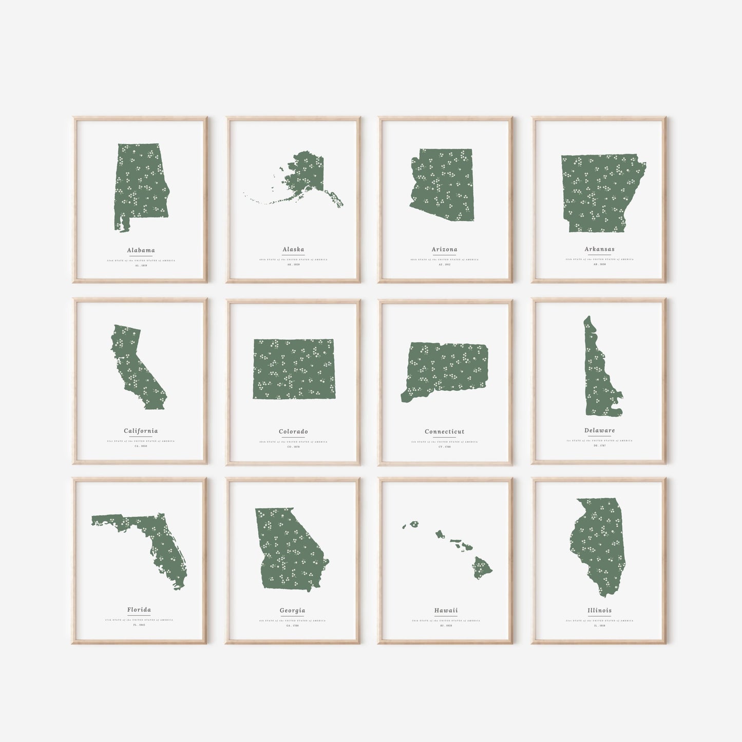 YOU Pick 1 US States USA Map Patterned State Print | Ditsy Floral in Dark Green