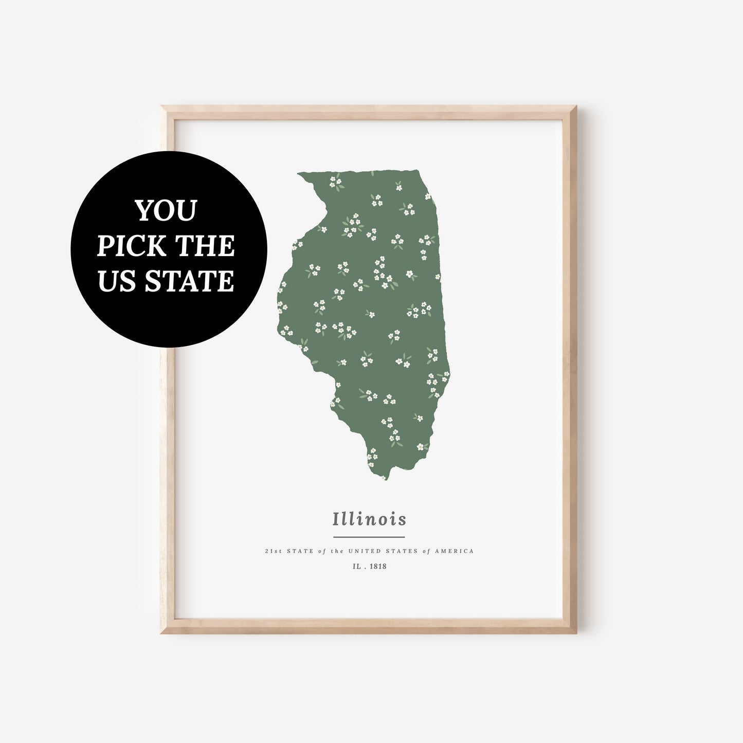 YOU Pick 1 US States USA Map Patterned State Print | Ditsy Floral in Dark Green